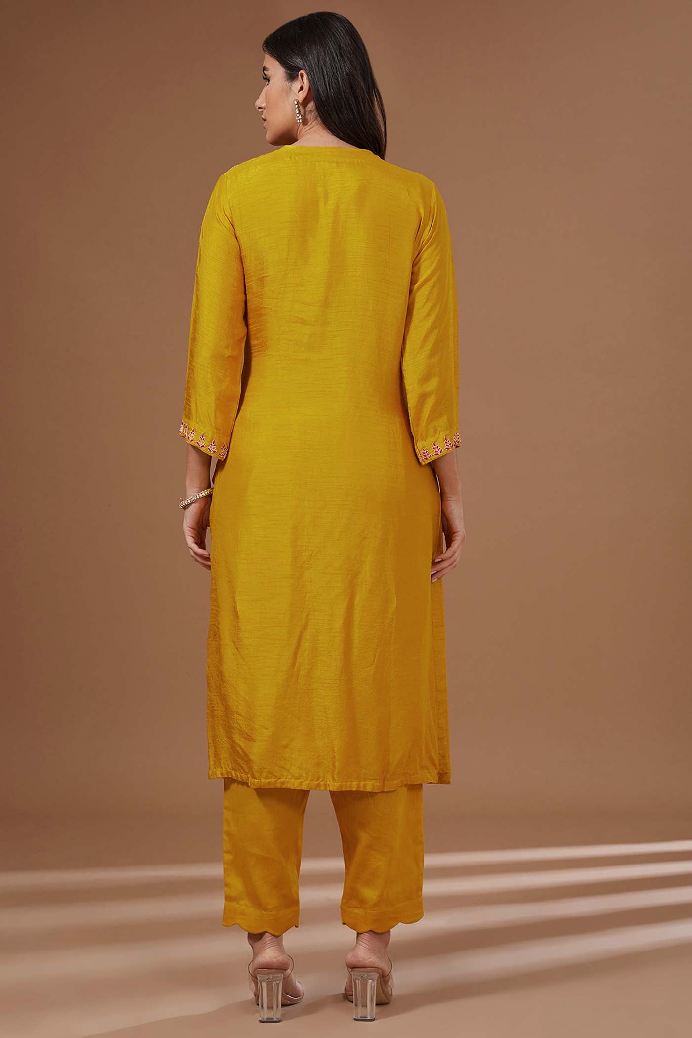 Mustard Embroidered Straight Suit with Pants and Organza Dupatta Set