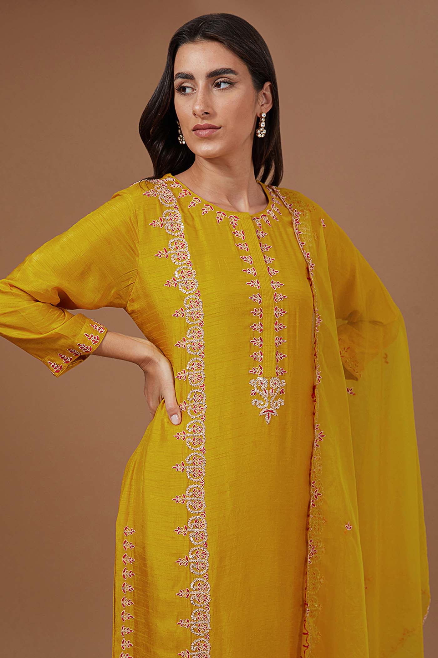 Mustard Embroidered Straight Suit with Pants and Organza Dupatta Set