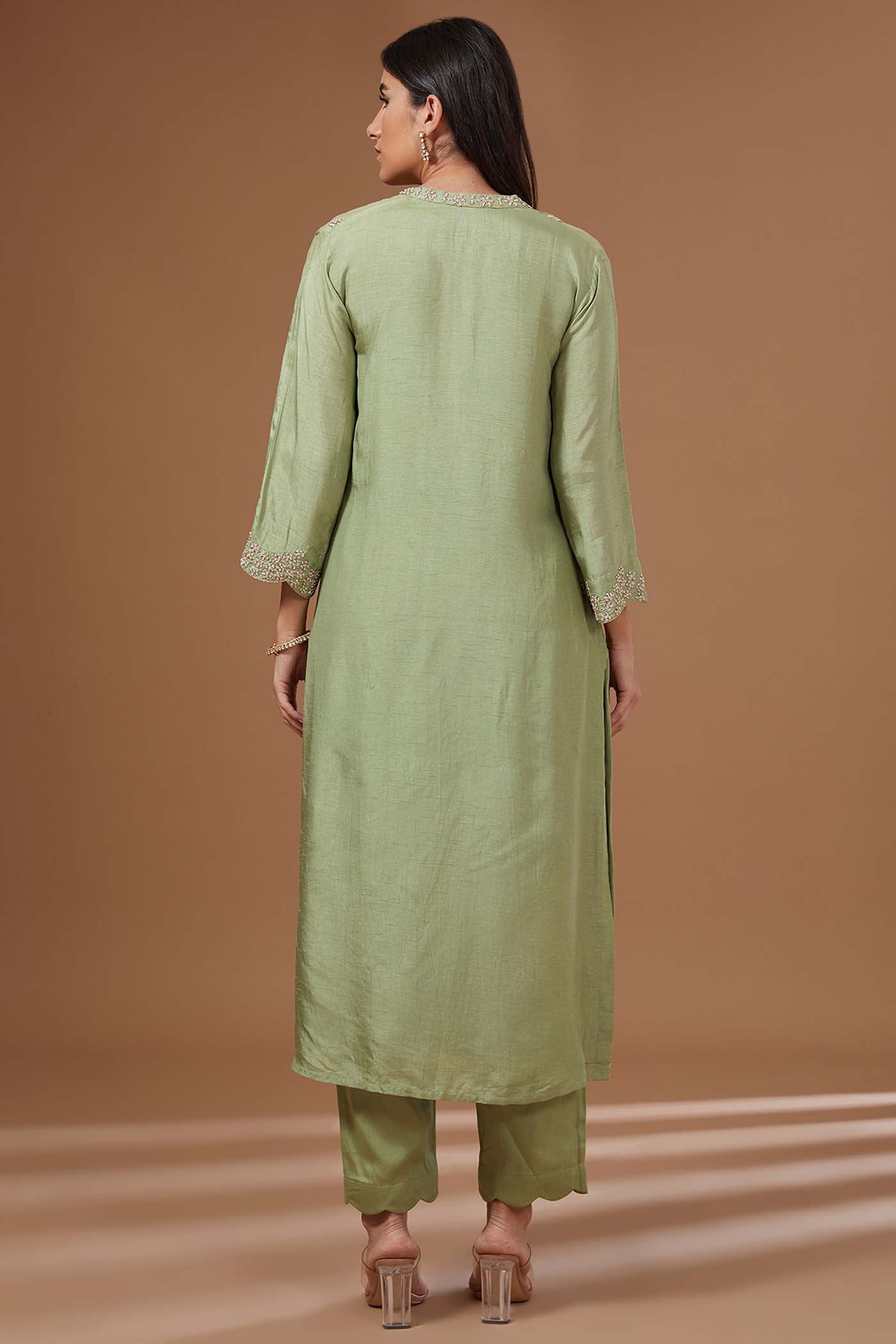 Green Straight Suit with Pants and  Organza Dupatta