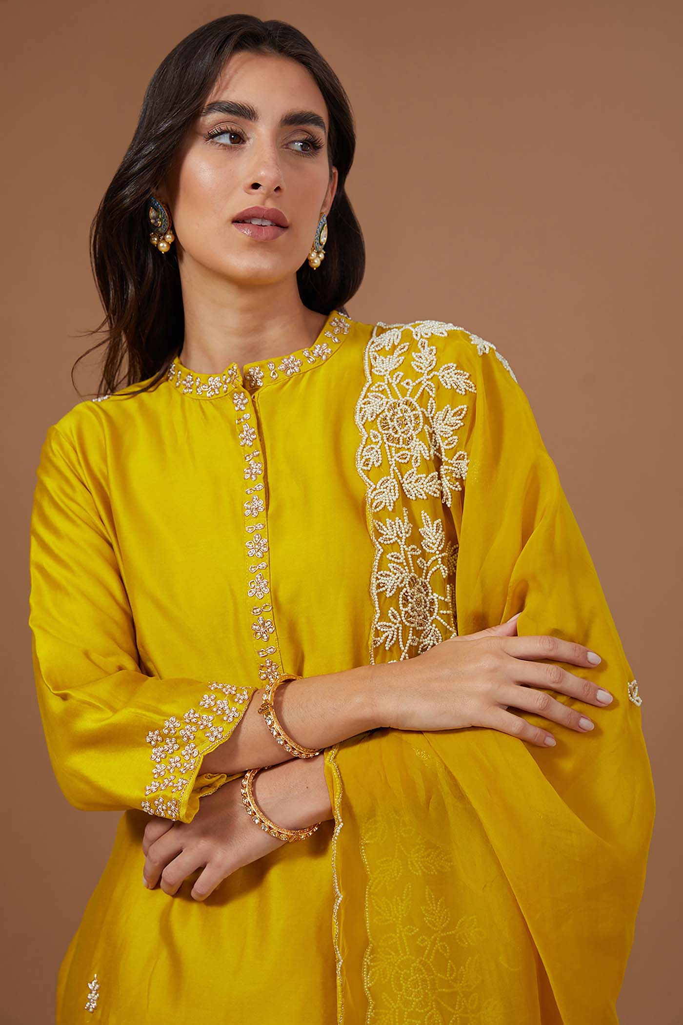 Mustard Straight Suit with Pants and  Organza Dupatta