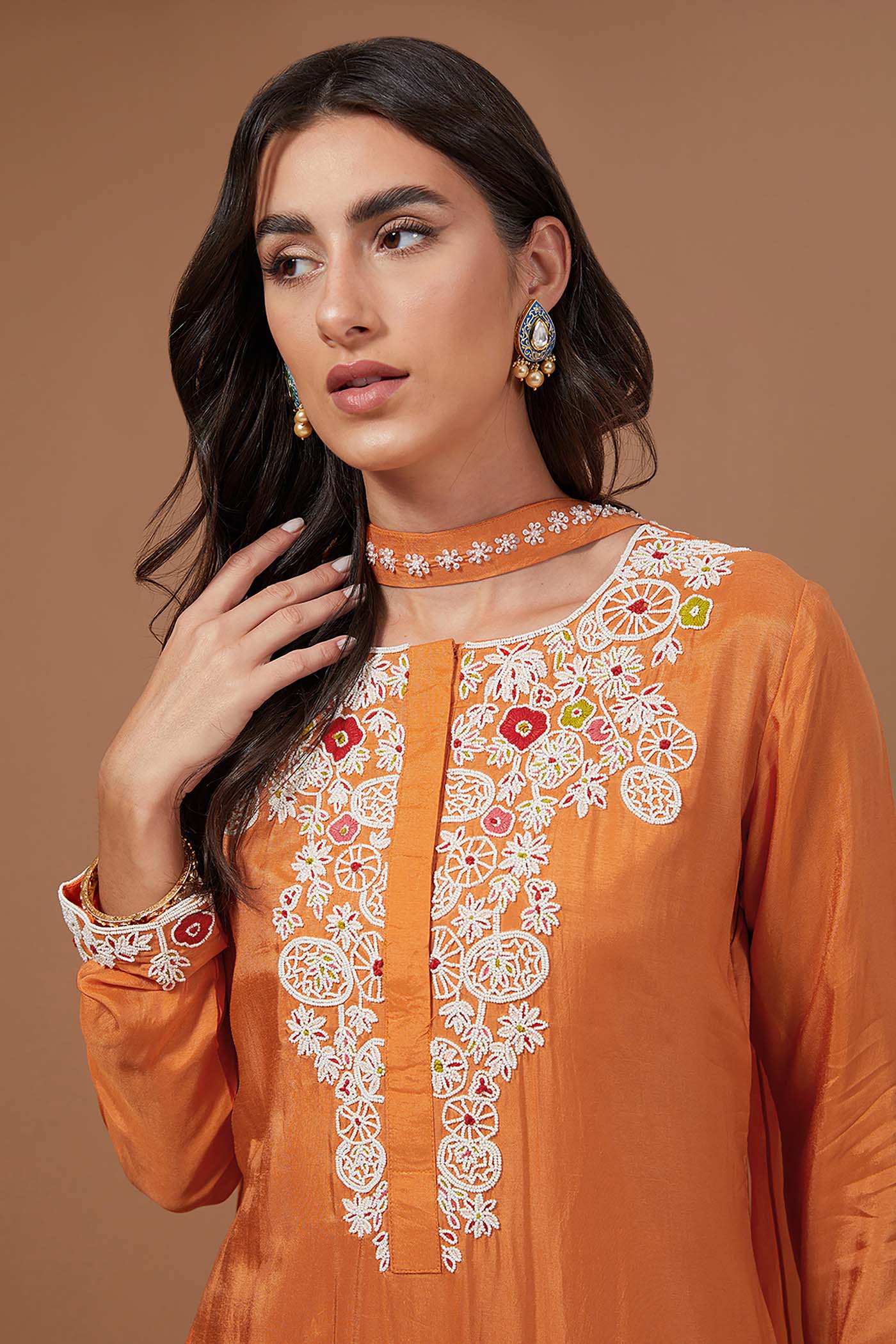 Organge  High-Low Suit with Palazzo and Choker Dupatta