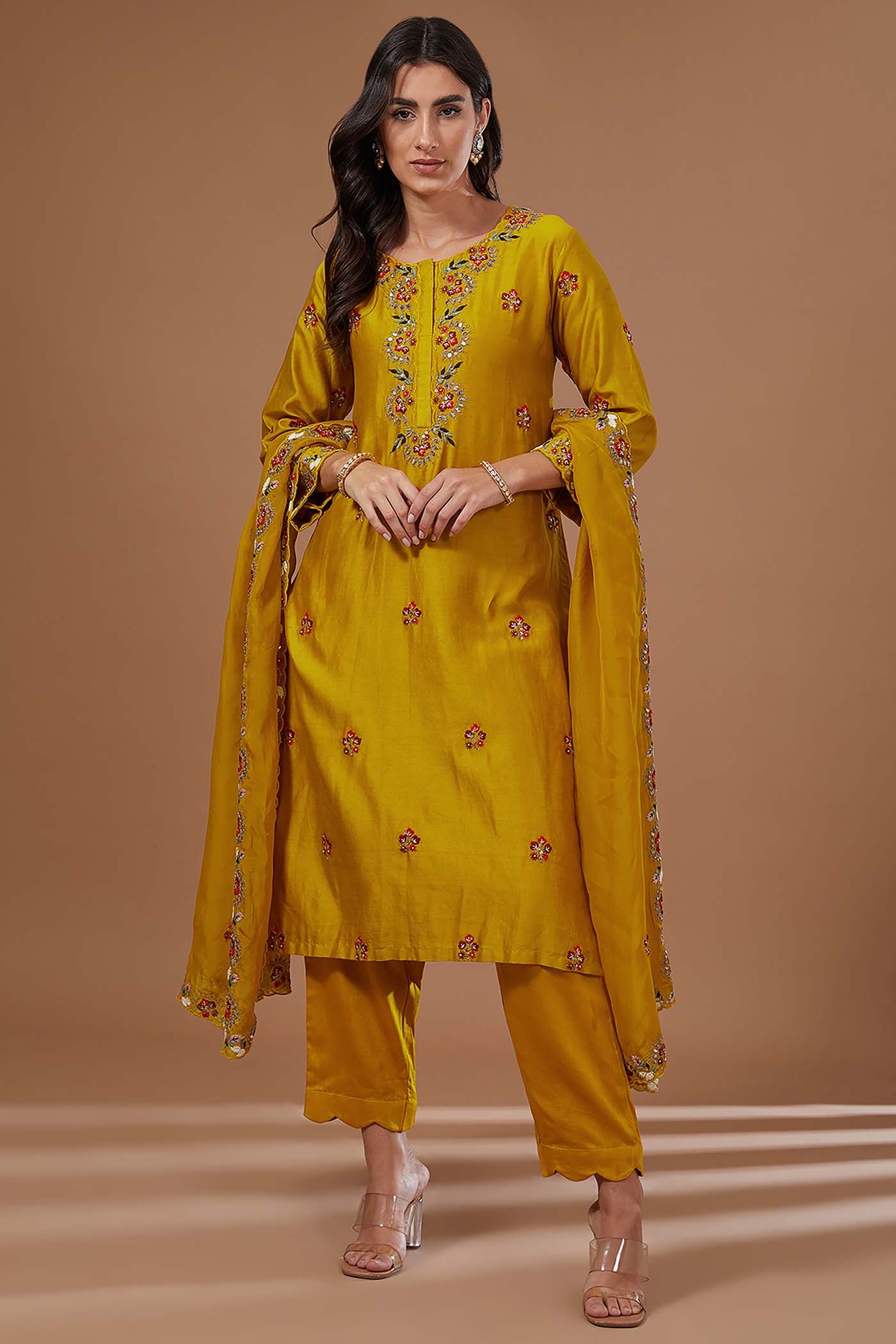 Mustard Embroidered Straight Suit Set