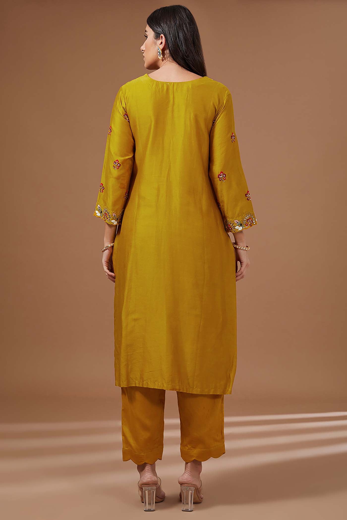 Mustard Embroidered Straight Suit Set