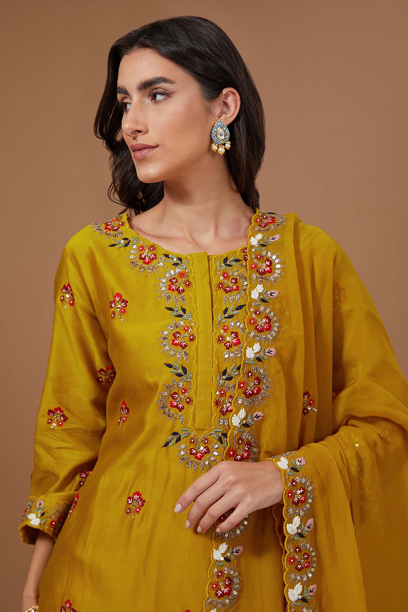 Mustard Embroidered Straight Suit Set