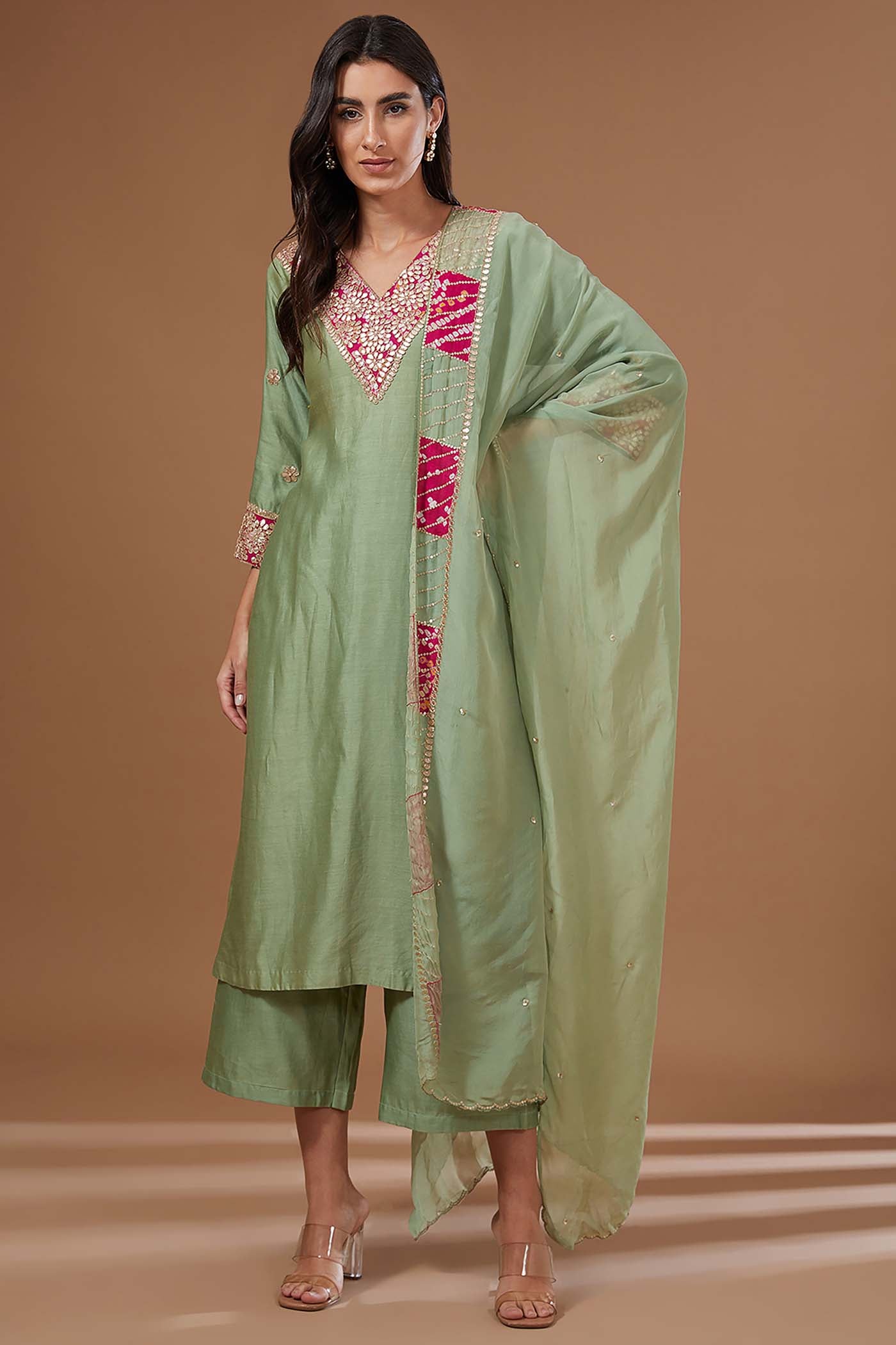 GreenStraight Suit with Pants and  Organza Dupatta