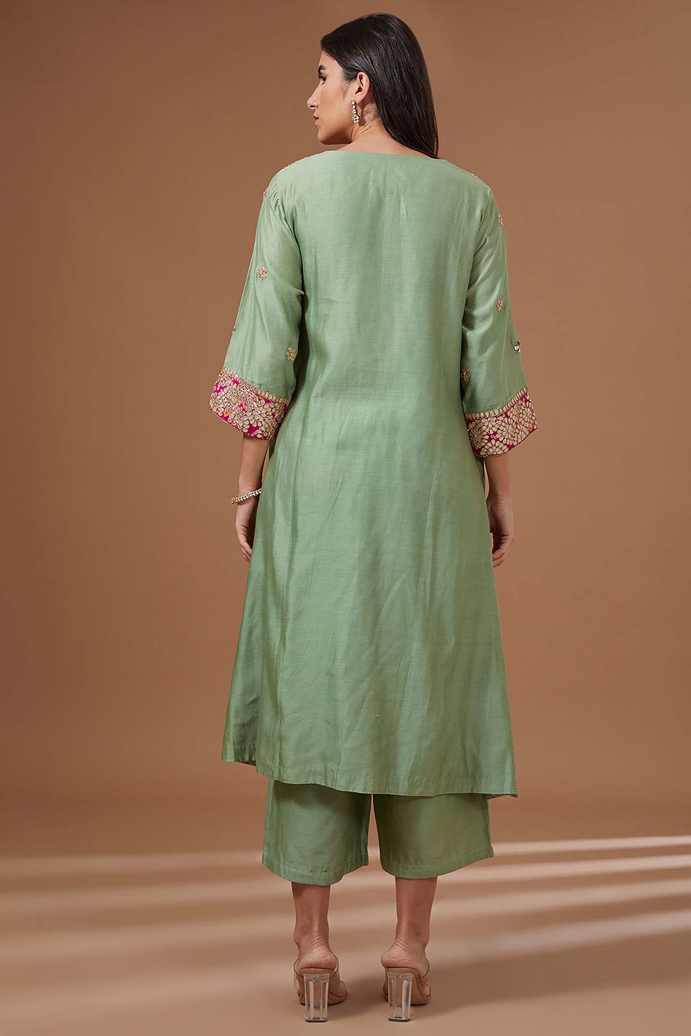 GreenStraight Suit with Pants and  Organza Dupatta