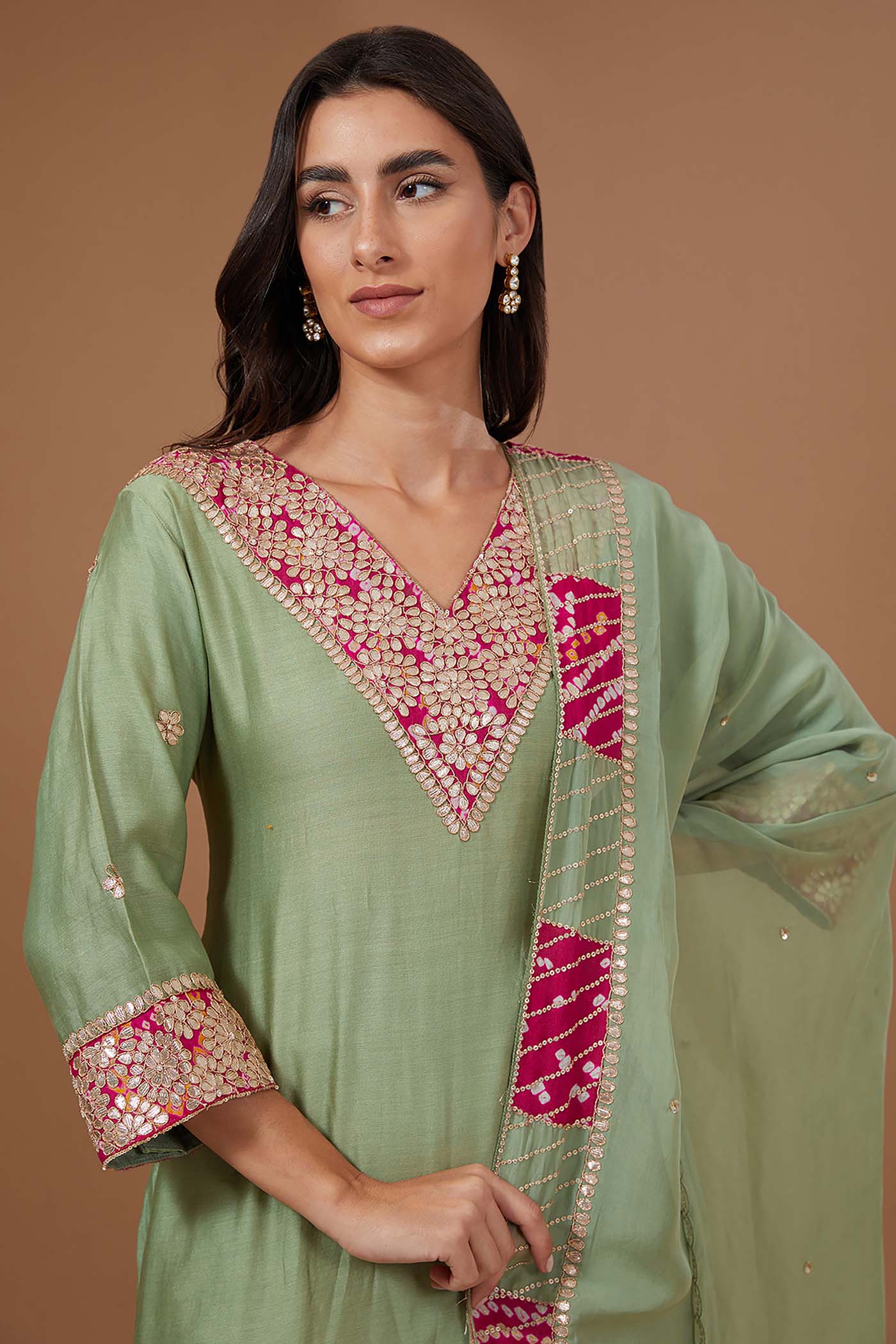 GreenStraight Suit with Pants and  Organza Dupatta