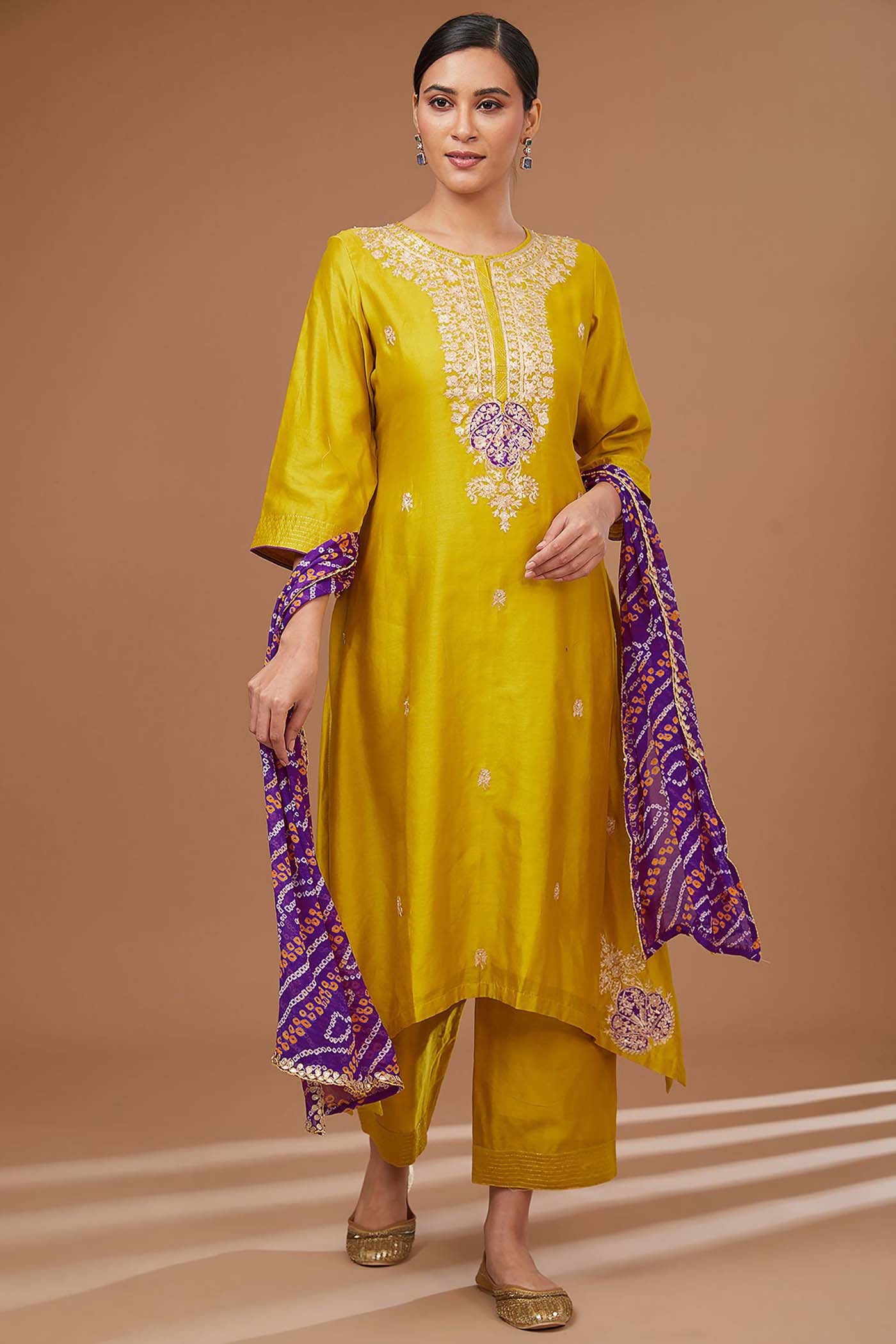 Mustard Asymmetrical Suit with Pants and Dupatta Set