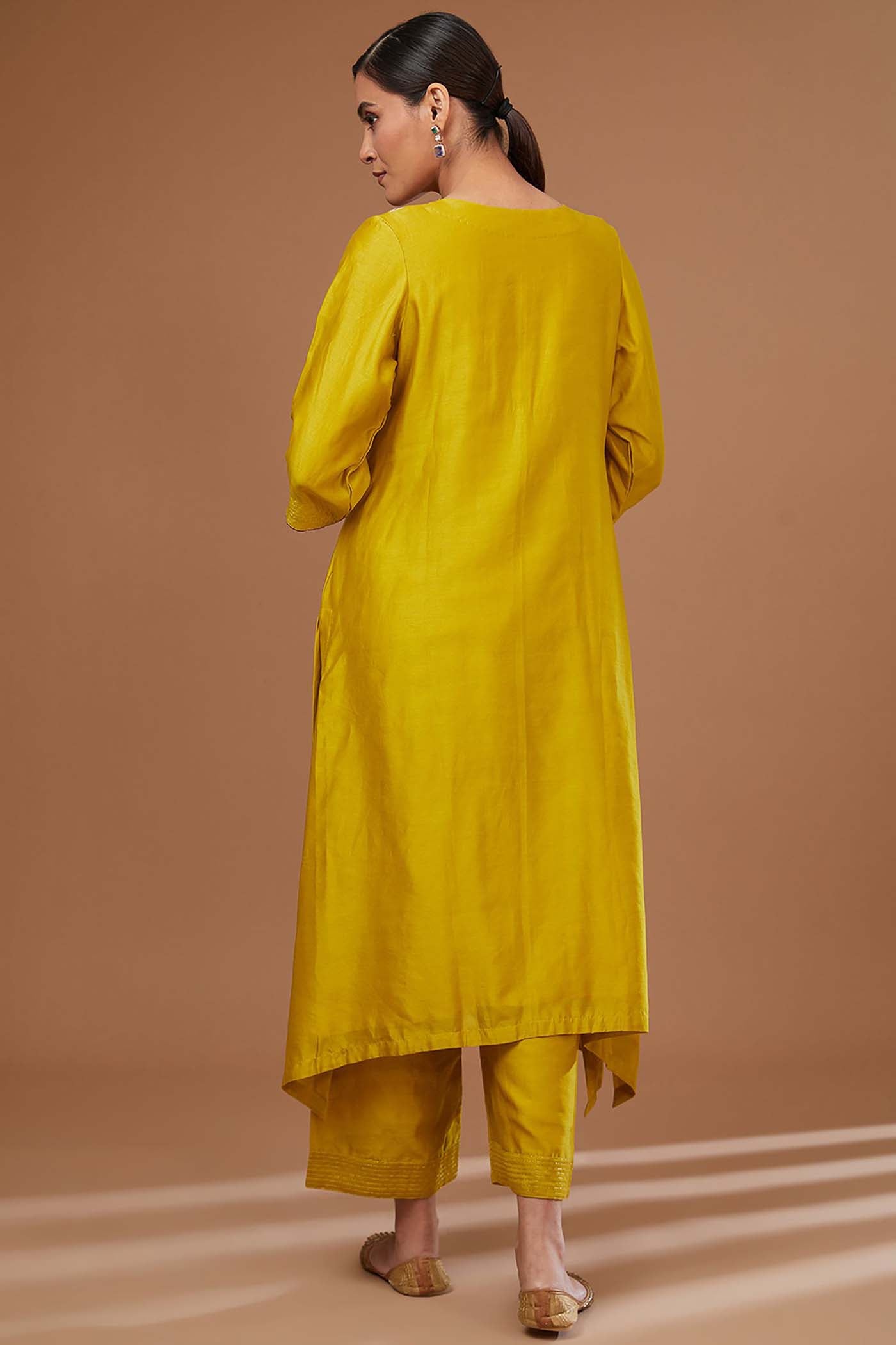 Mustard Asymmetrical Suit with Pants and Dupatta Set