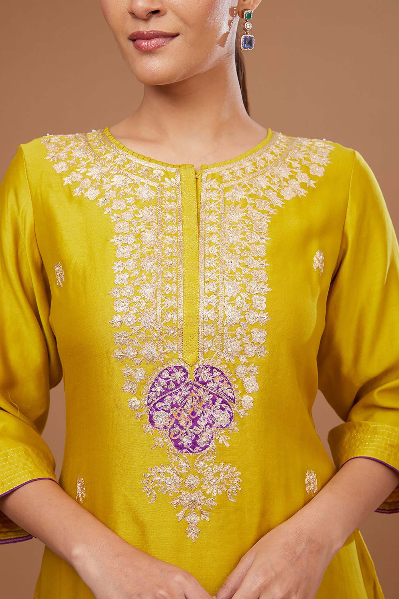 Mustard Asymmetrical Suit with Pants and Dupatta Set