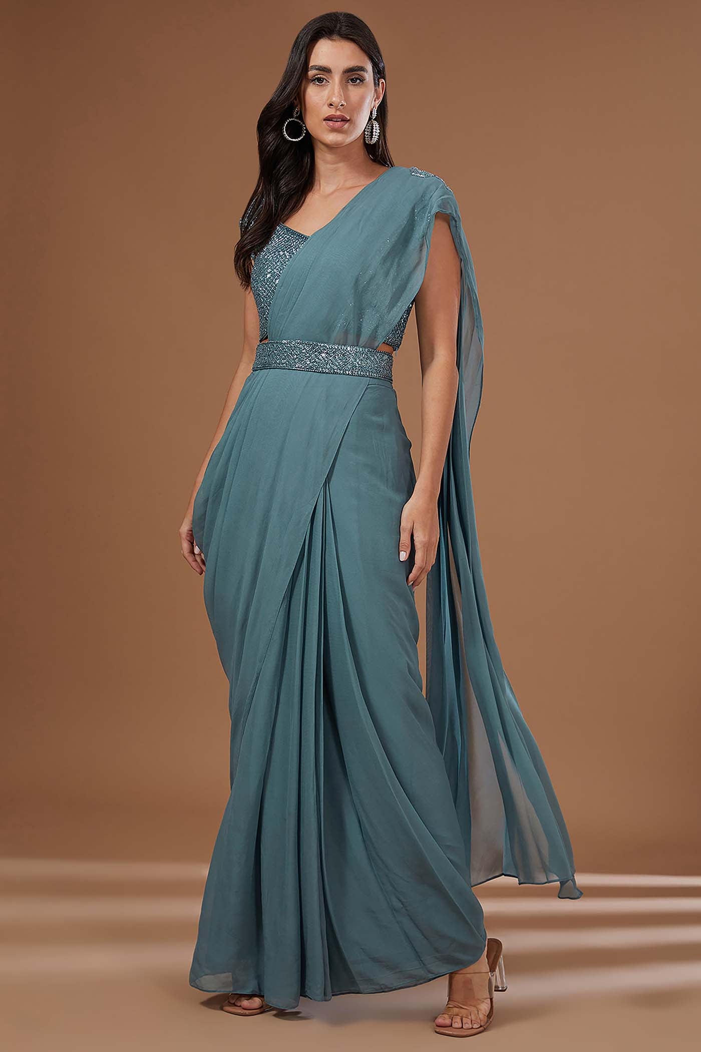 Cadet Blue Draped Saree with Belt