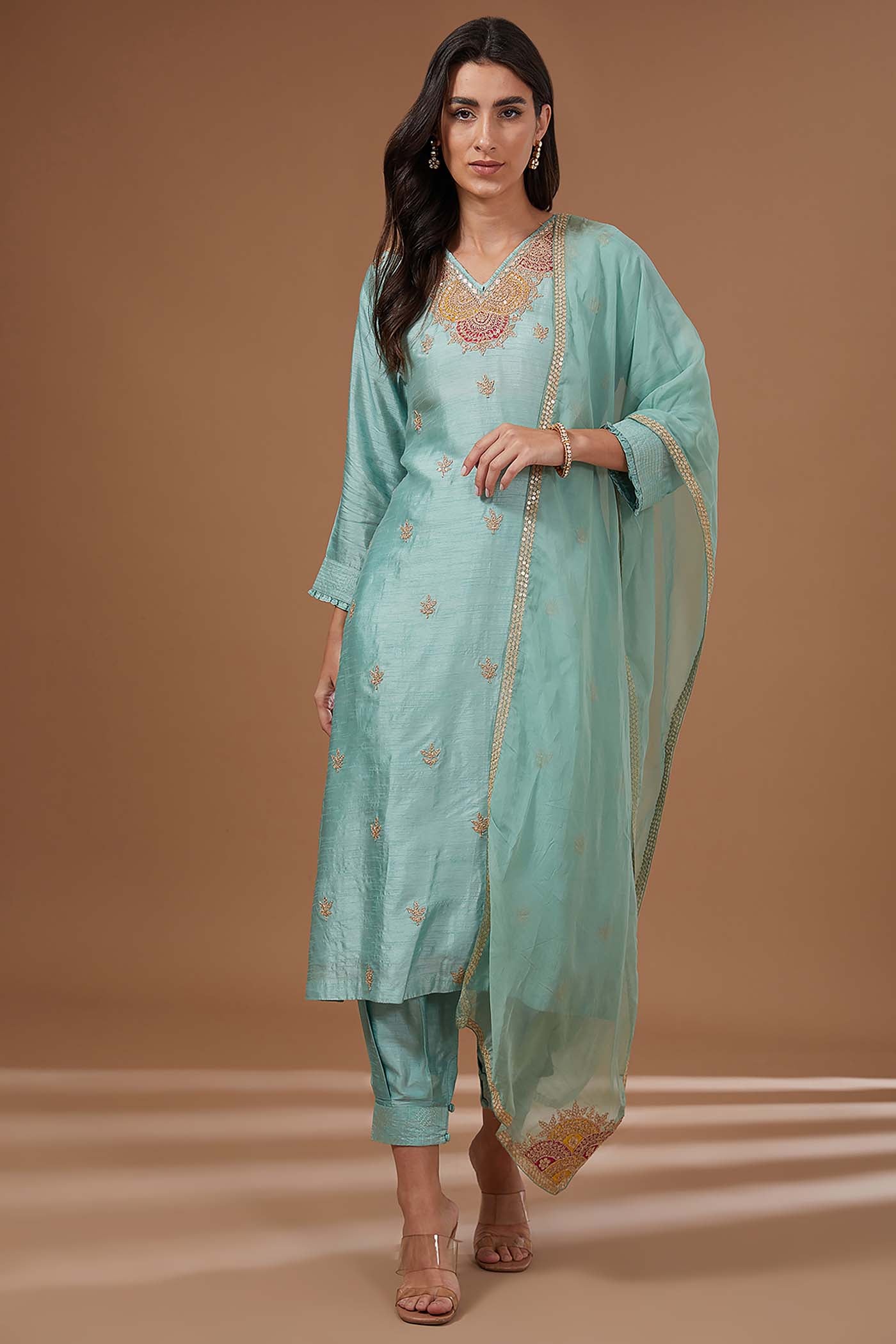 Aqua Green Suit with Pants Salwar and Organza Dupatta