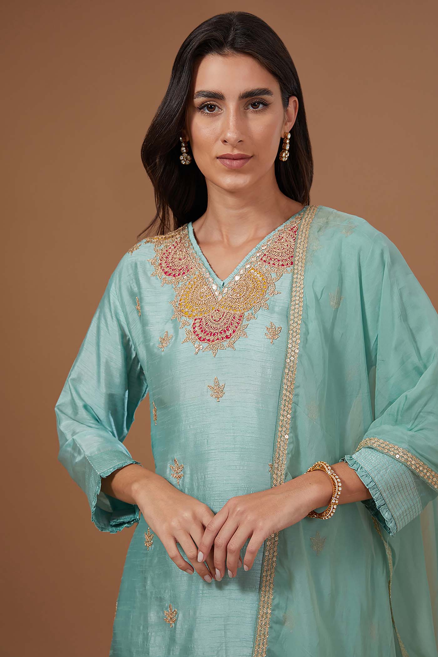 Aqua Green Suit with Pants Salwar and Organza Dupatta