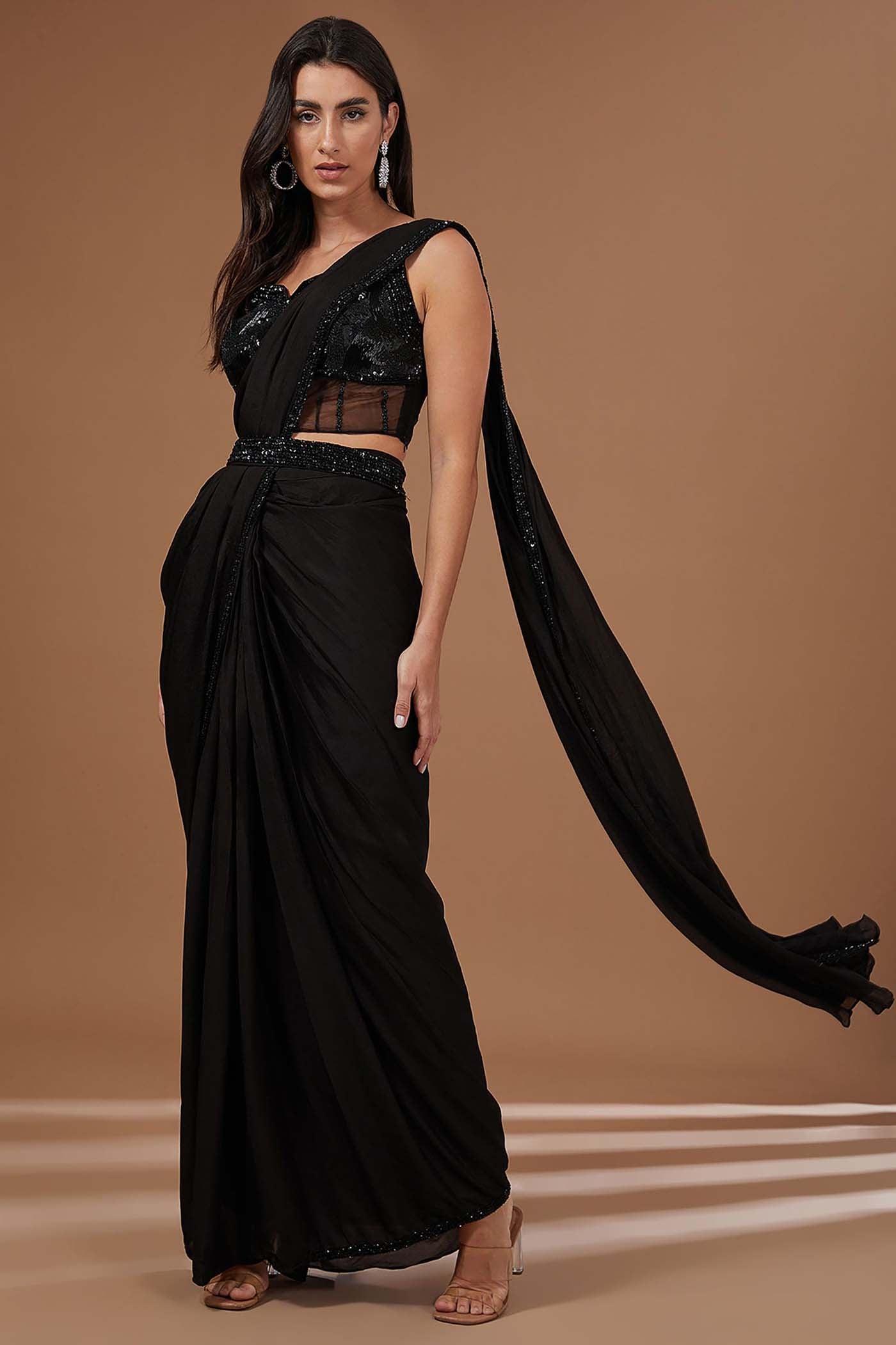 Black Drape Saree with Belt Set