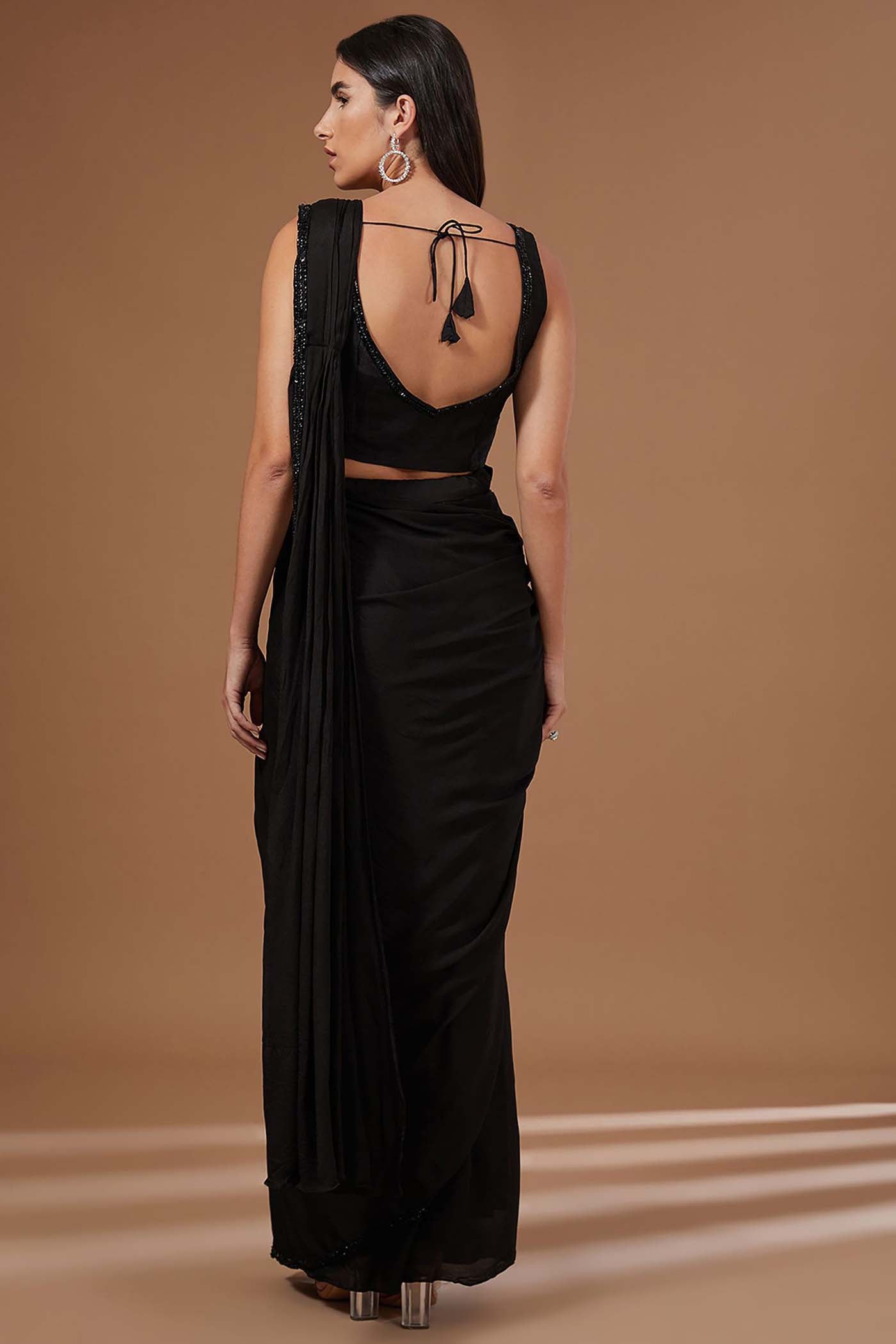 Black Drape Saree with Belt Set