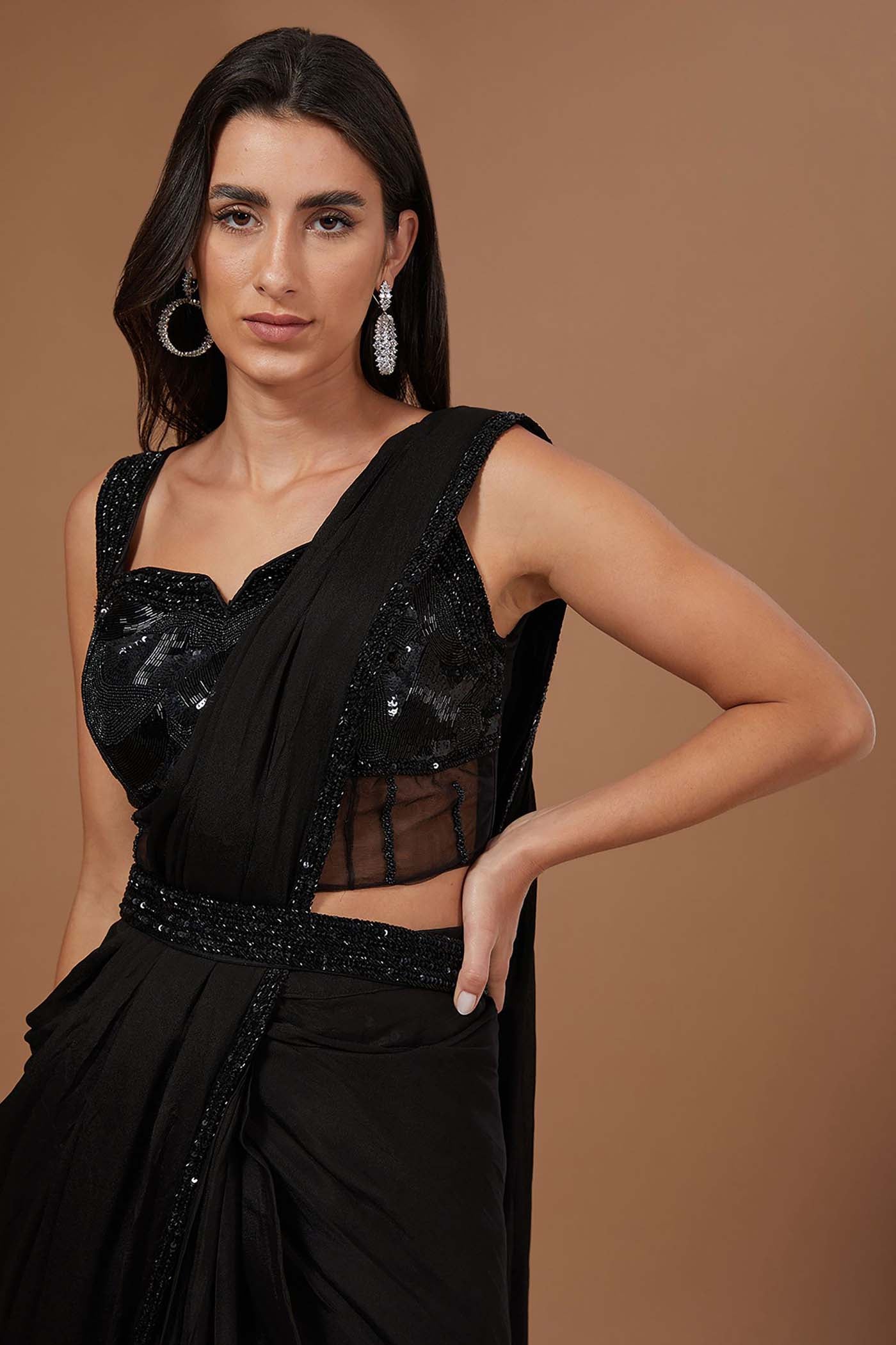 Black Drape Saree with Belt Set