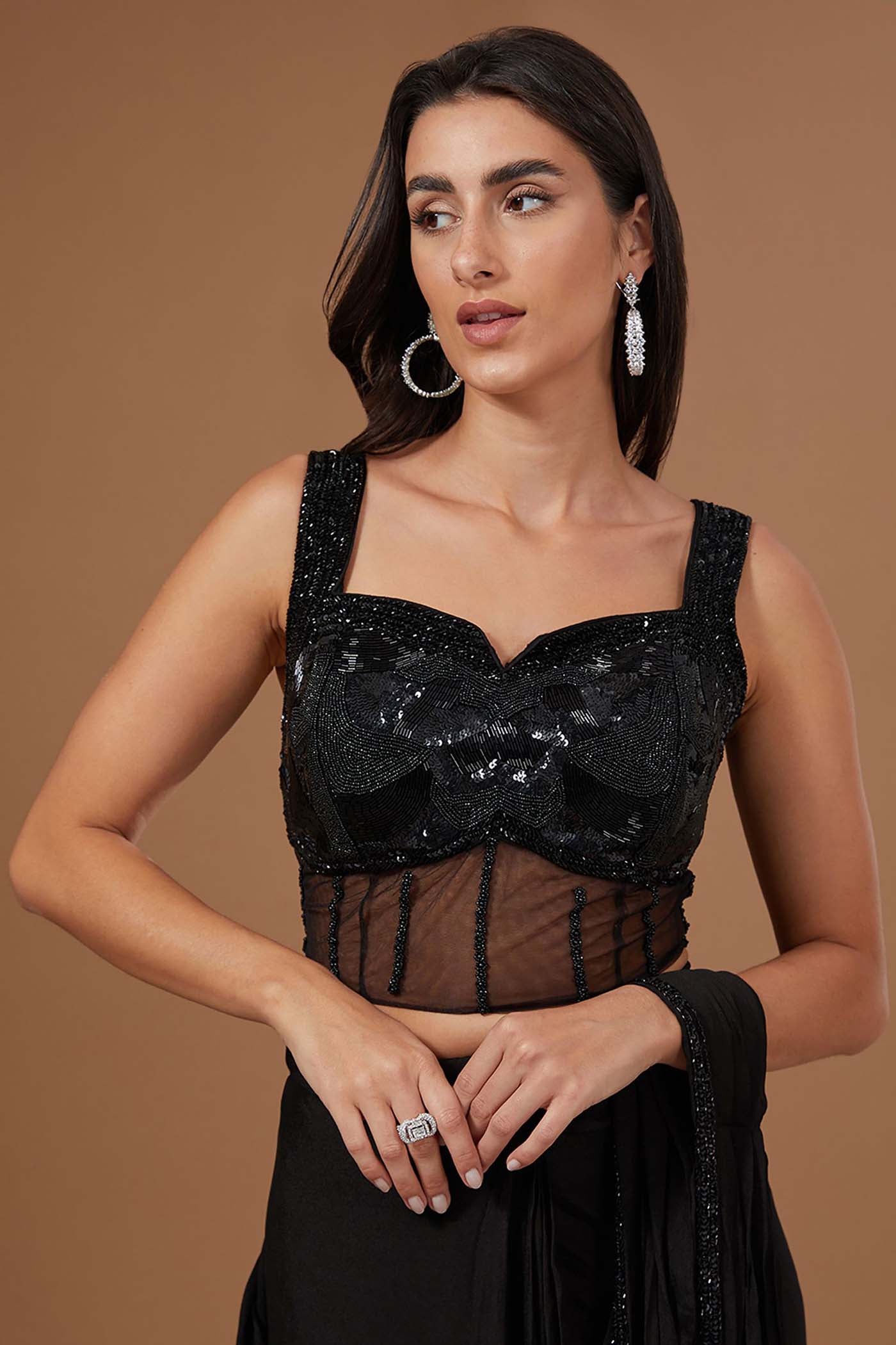 Black Drape Saree with Belt Set