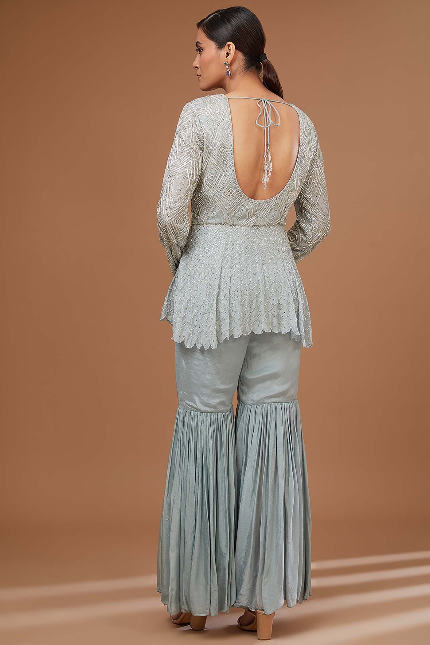 Ice-Blue High-Low Top with Sharara and Dupatta,Belt