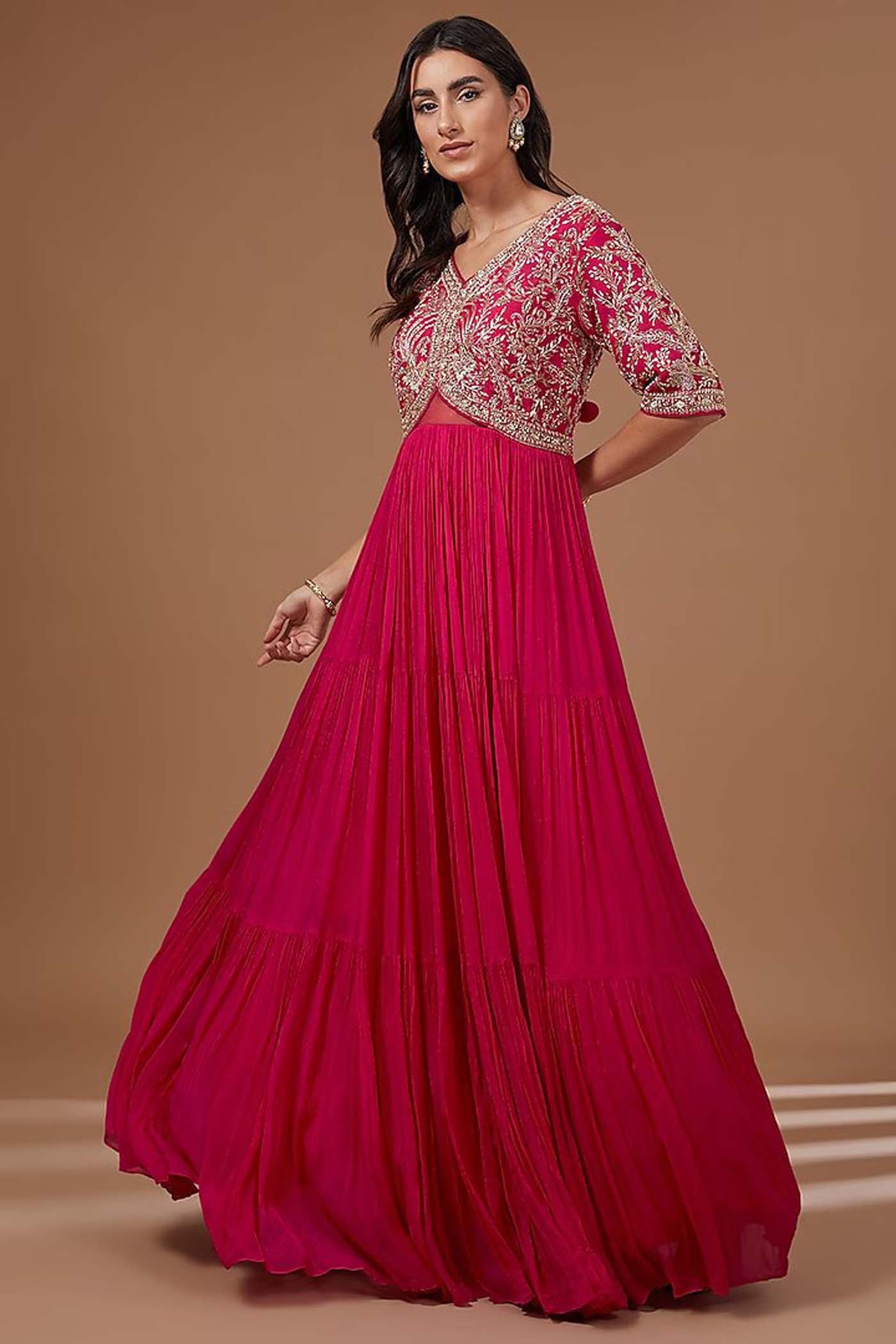 Fuchsia Embroidered Tiered Gown