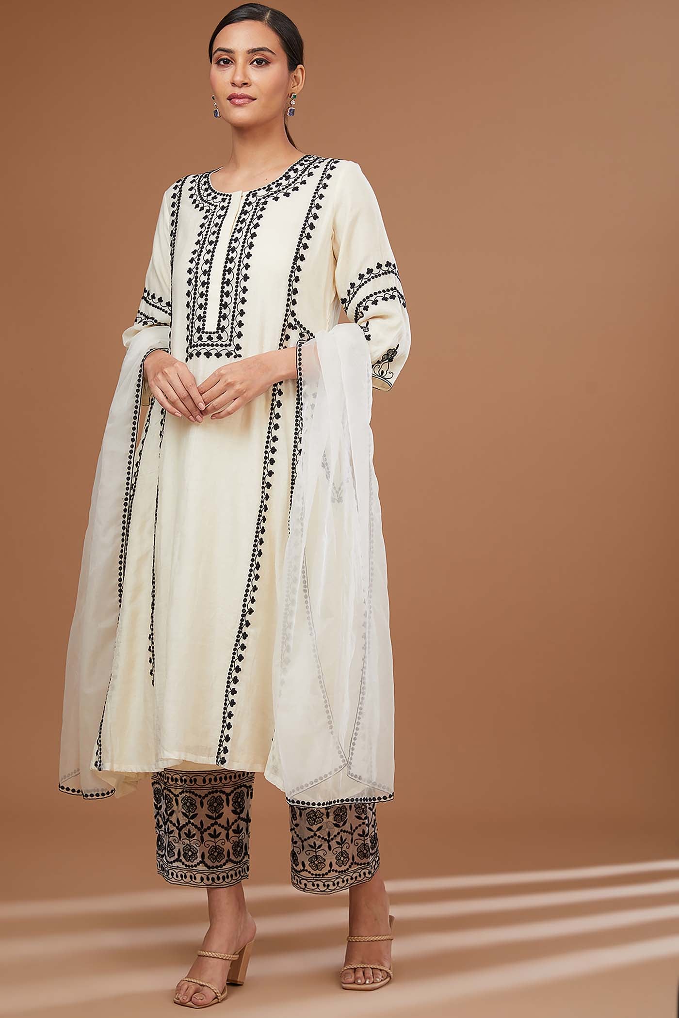 White A-Line Suit with Palzzo and Dupatta