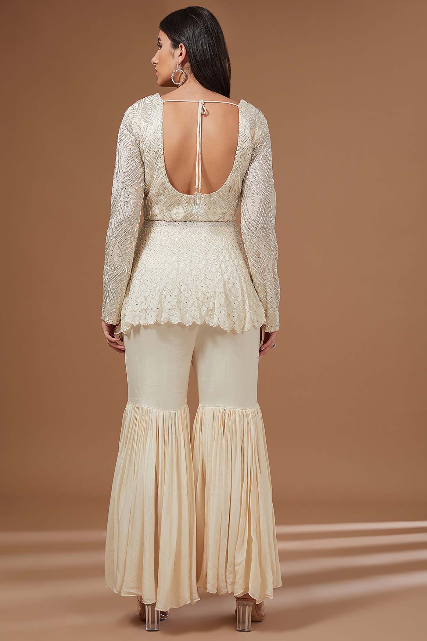 Ivory High-Low Top with Sharara and Dupatta,Belt