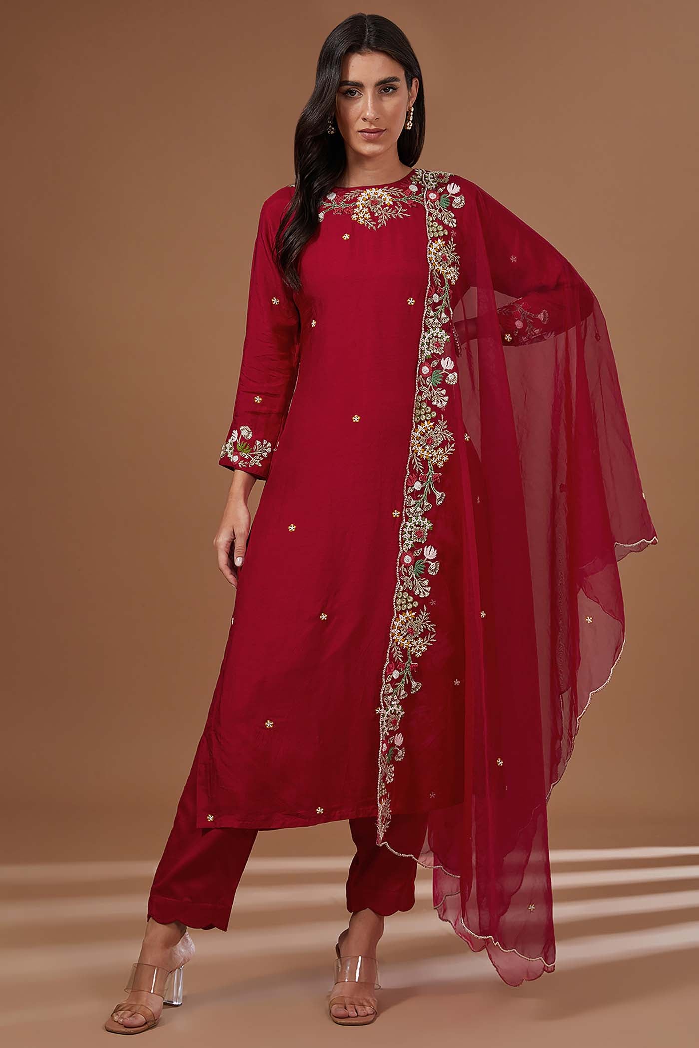 Red Straight Suit with pants and Dupatta