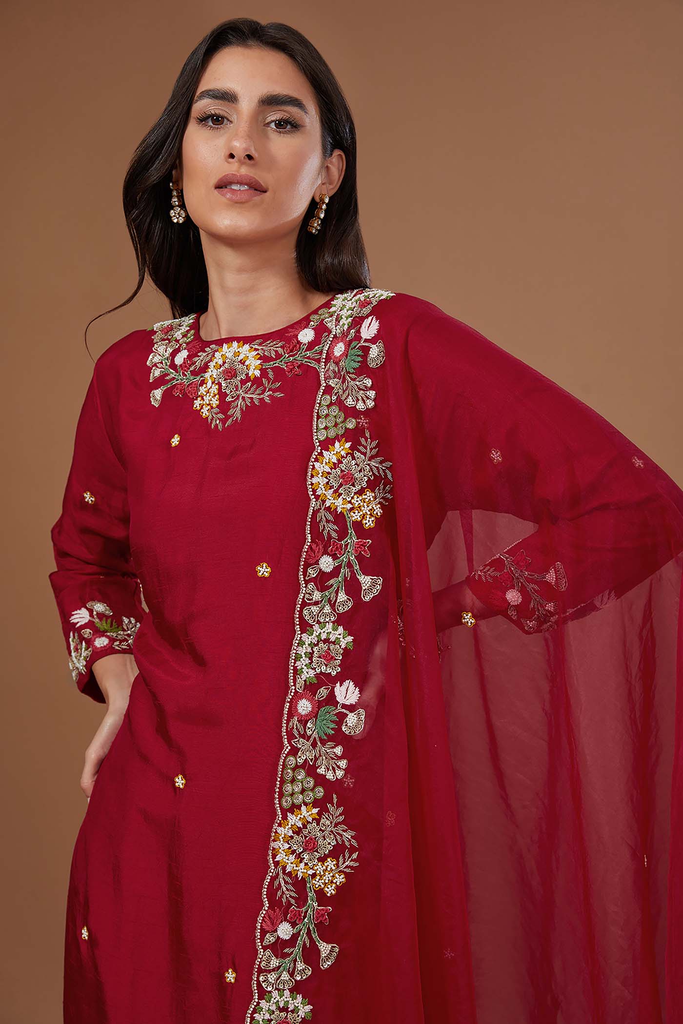 Red Straight Suit with pants and Dupatta