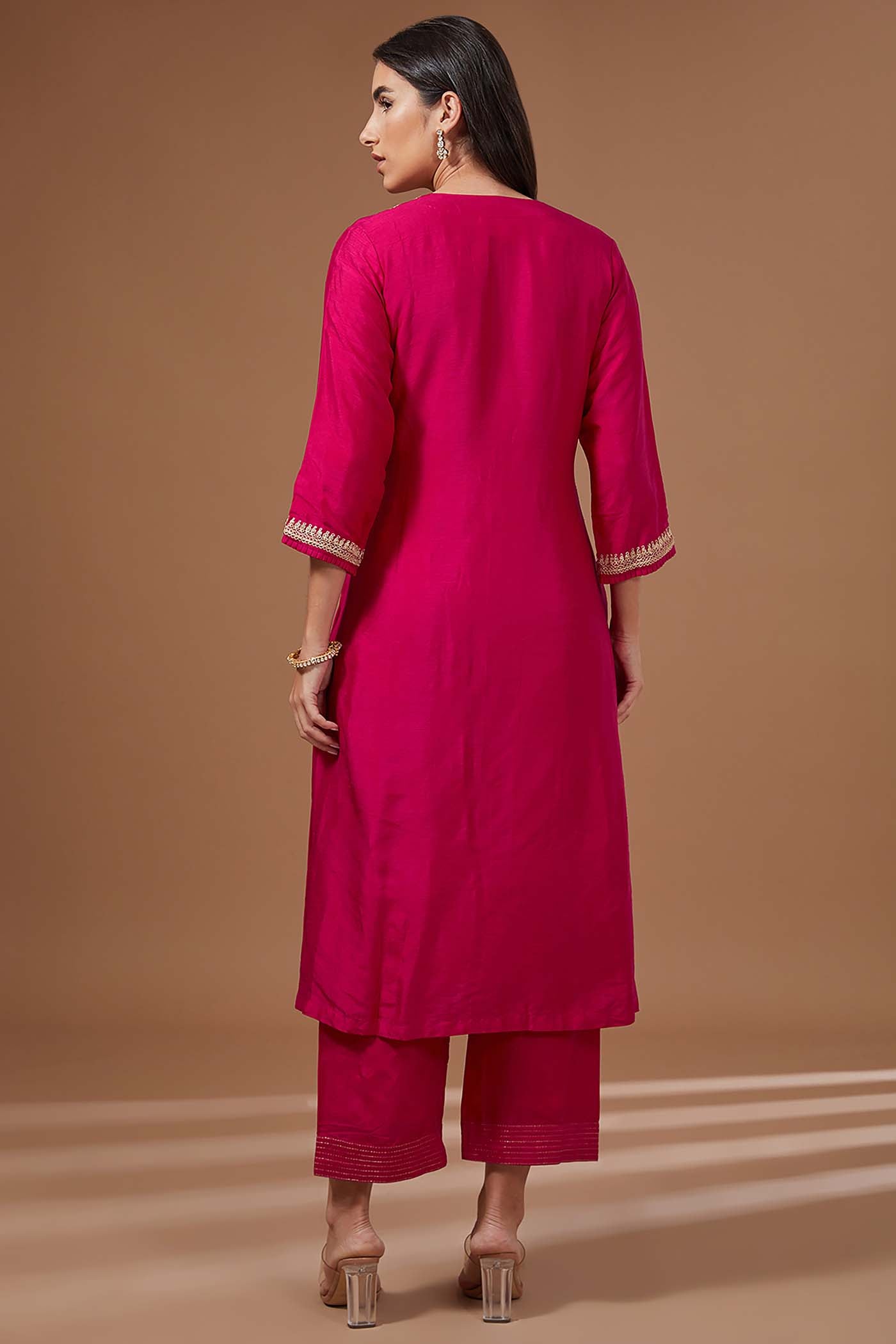 Fuchsia Suit with Pants Salwar and Organza Dupatta