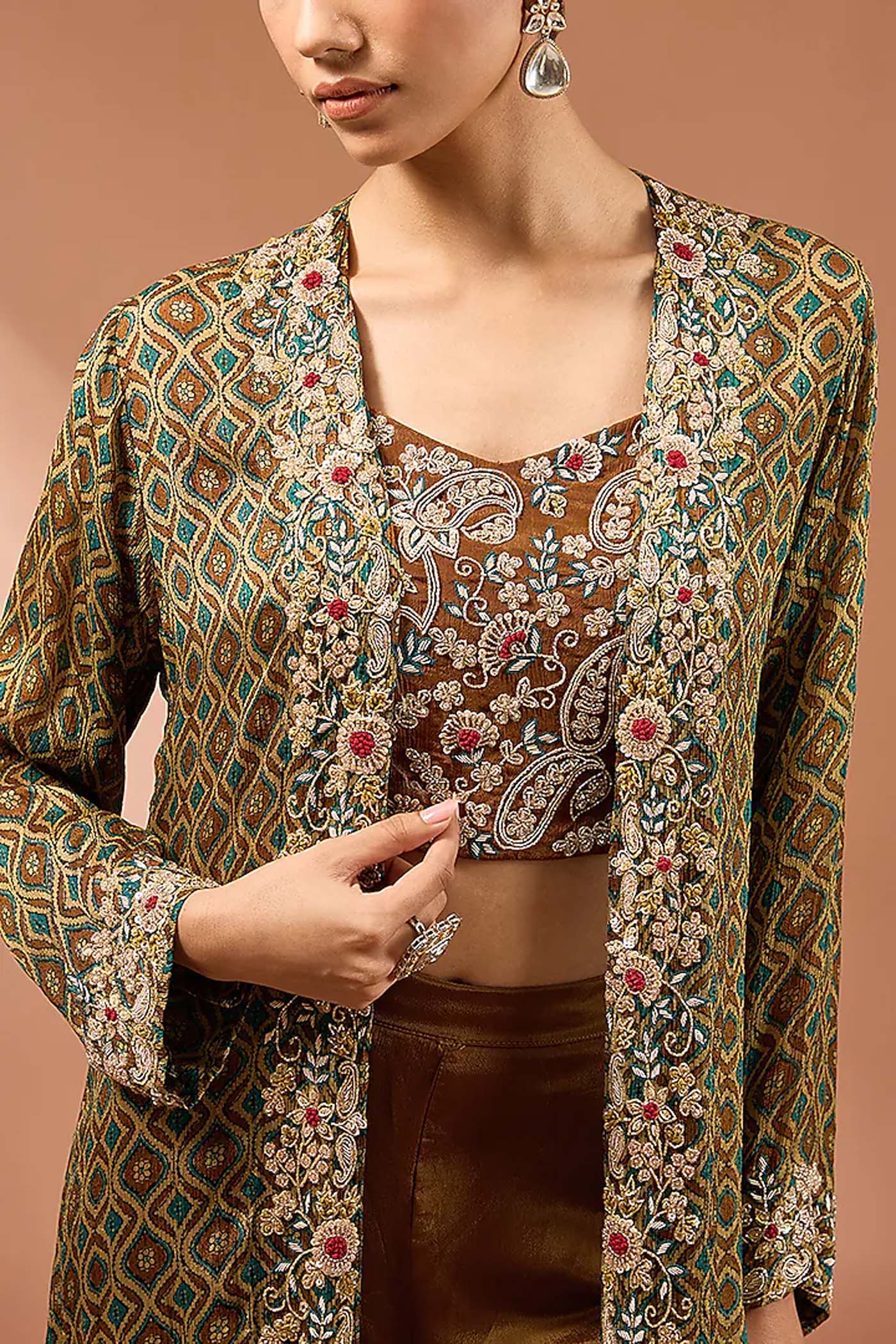 Cocoa Brown Crop-Top with Sharara and Digital Printed Jacket Set