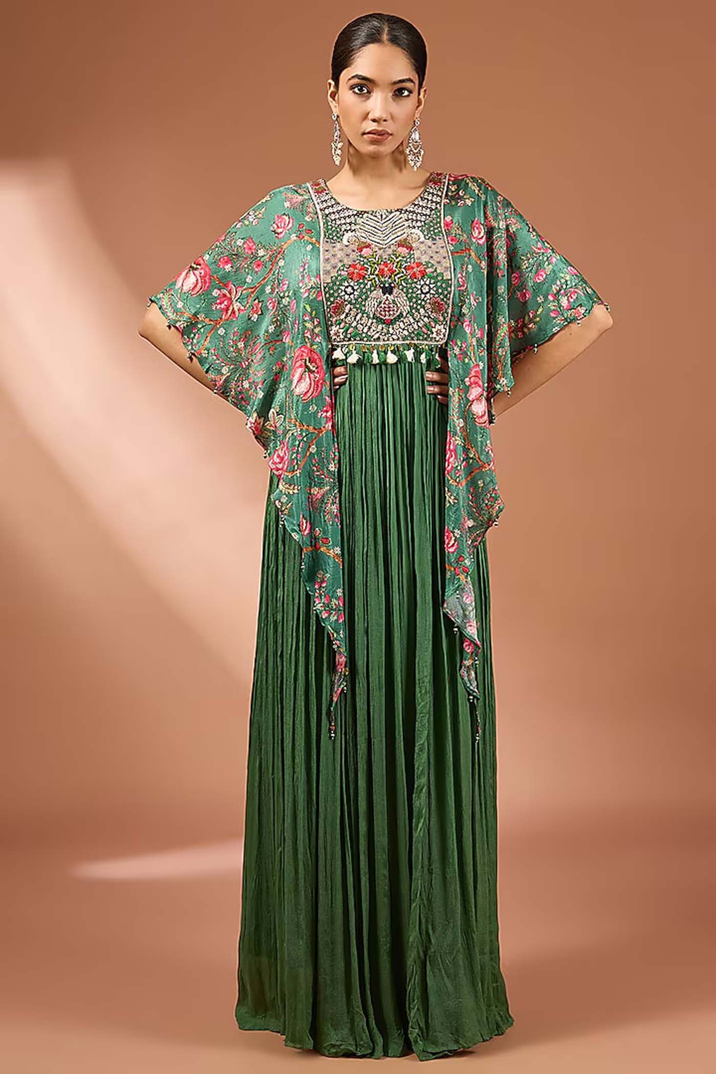 Green Digital Printed Panchu Attched Gown