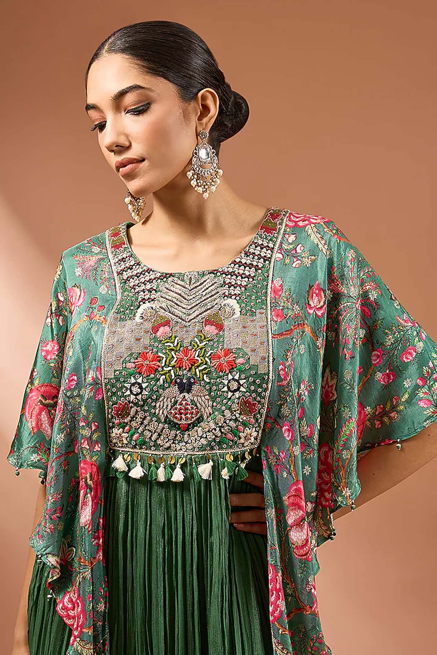 Green Digital Printed Panchu Attched Gown