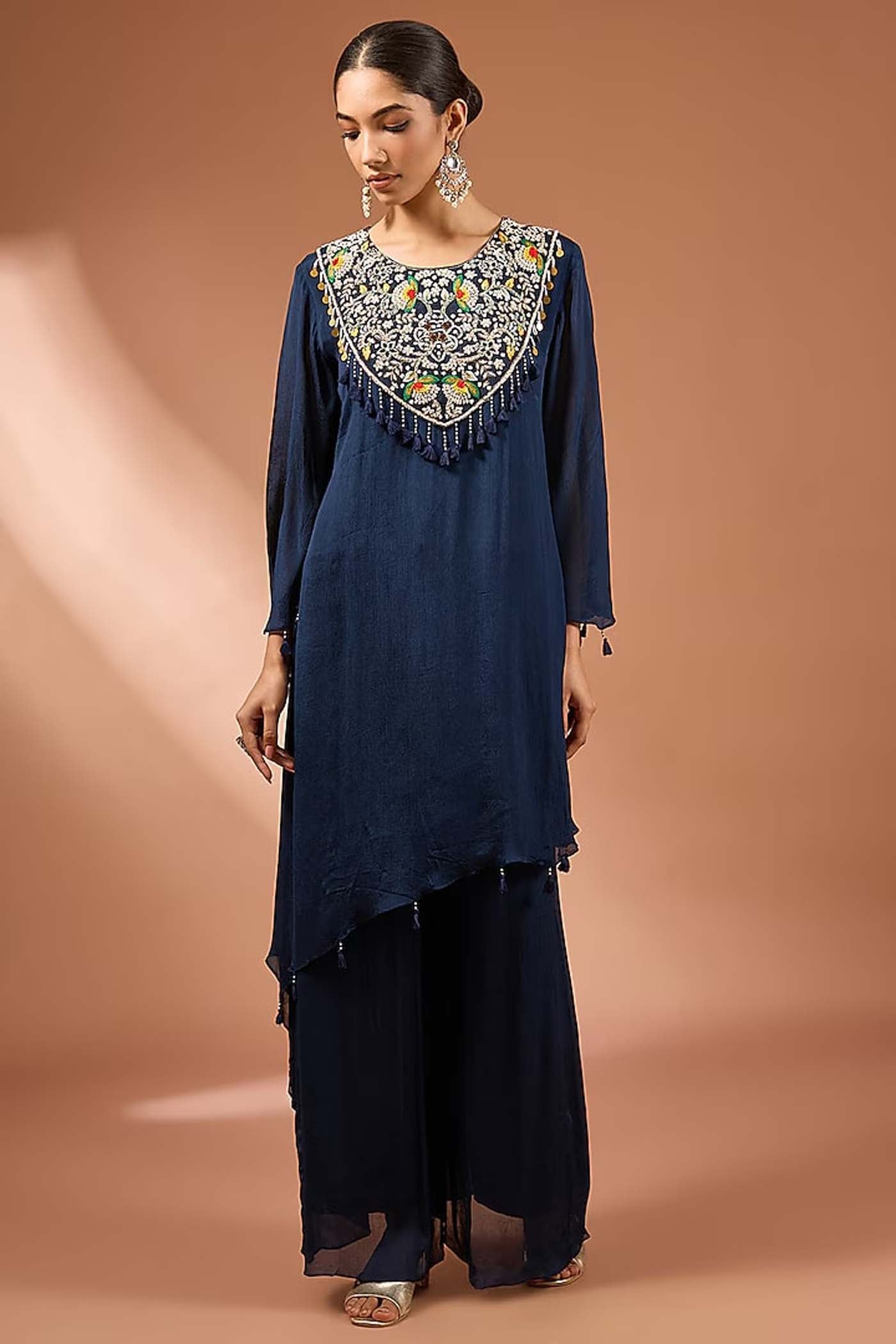 Navy Blue Embroidered Kurta with Palazzo Set