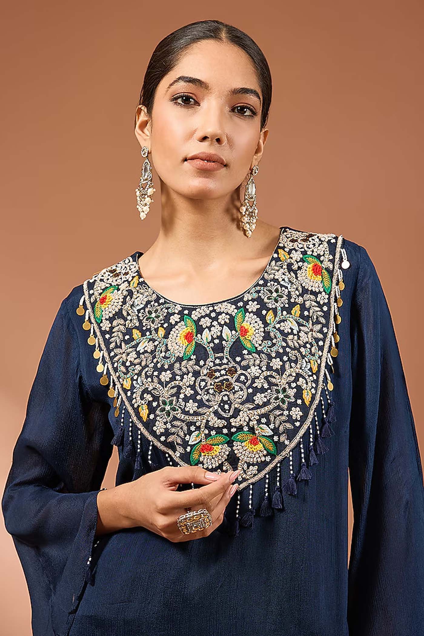 Navy Blue Embroidered Kurta with Palazzo Set