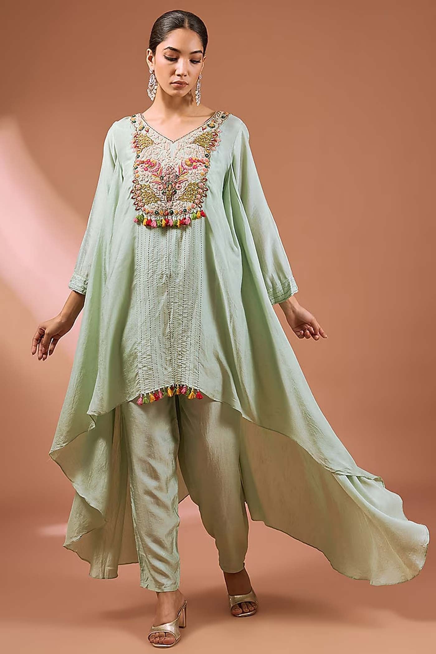 Mint Green Flared High-Low Kurta with pants set