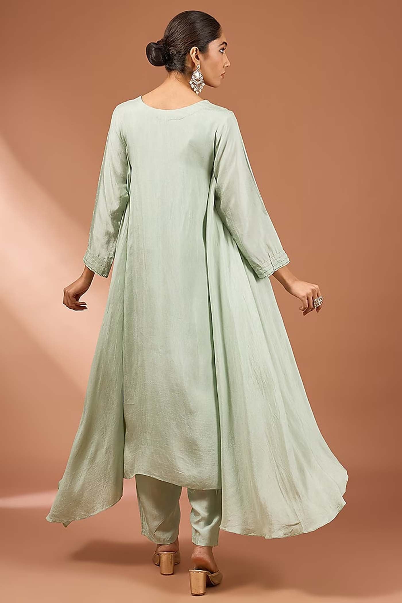 Mint Green Flared High-Low Kurta with pants set