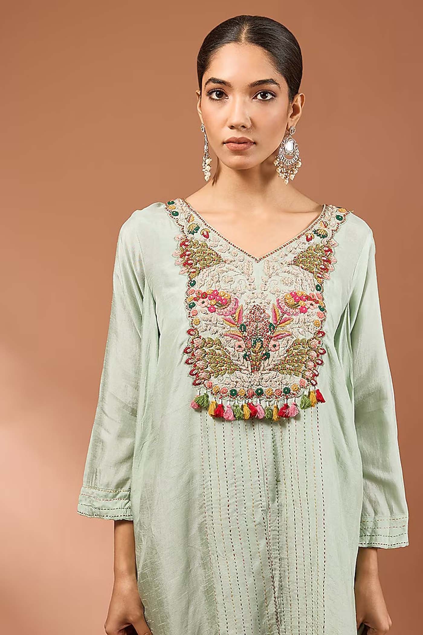 Mint Green Flared High-Low Kurta with pants set