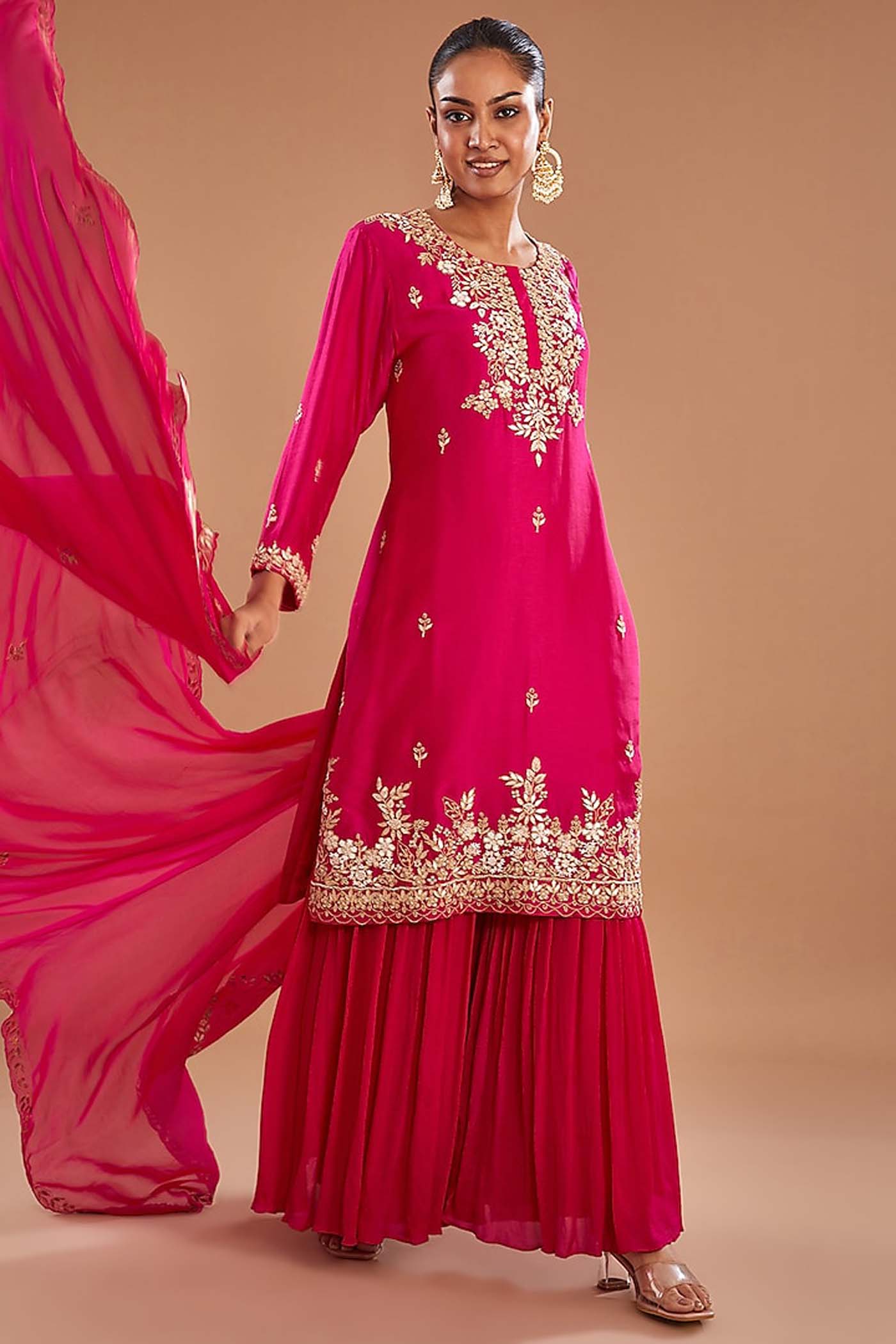 Fuchsia Embroidered Suit with Sharara  and Scallop Dupatta