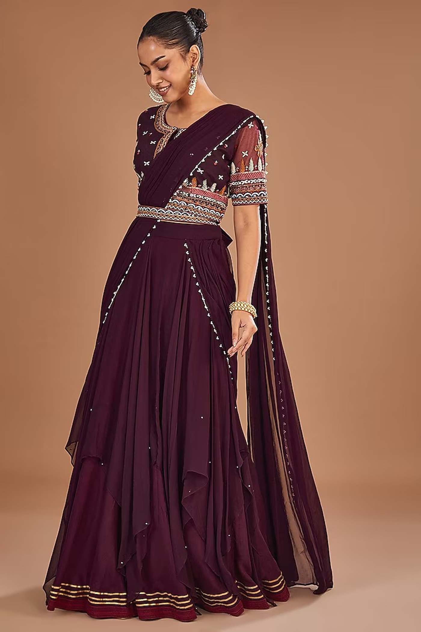 Wine Drape Lehenga Saree Set