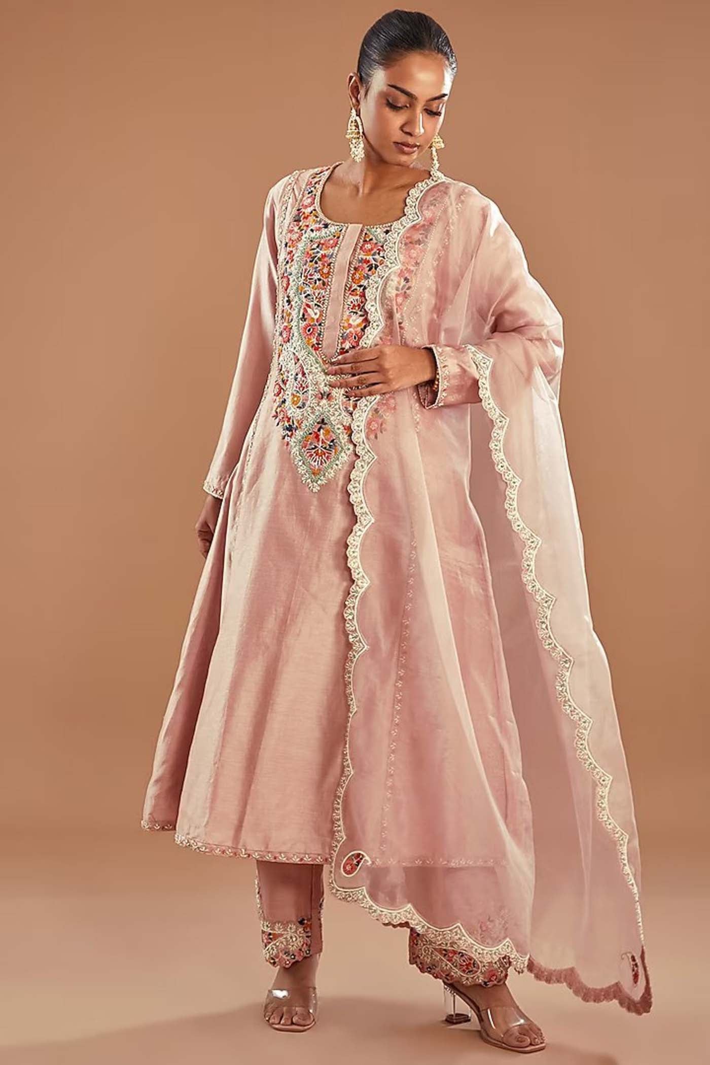 Baby Pink Short Anarkali with Palazzo and Organza Dupata