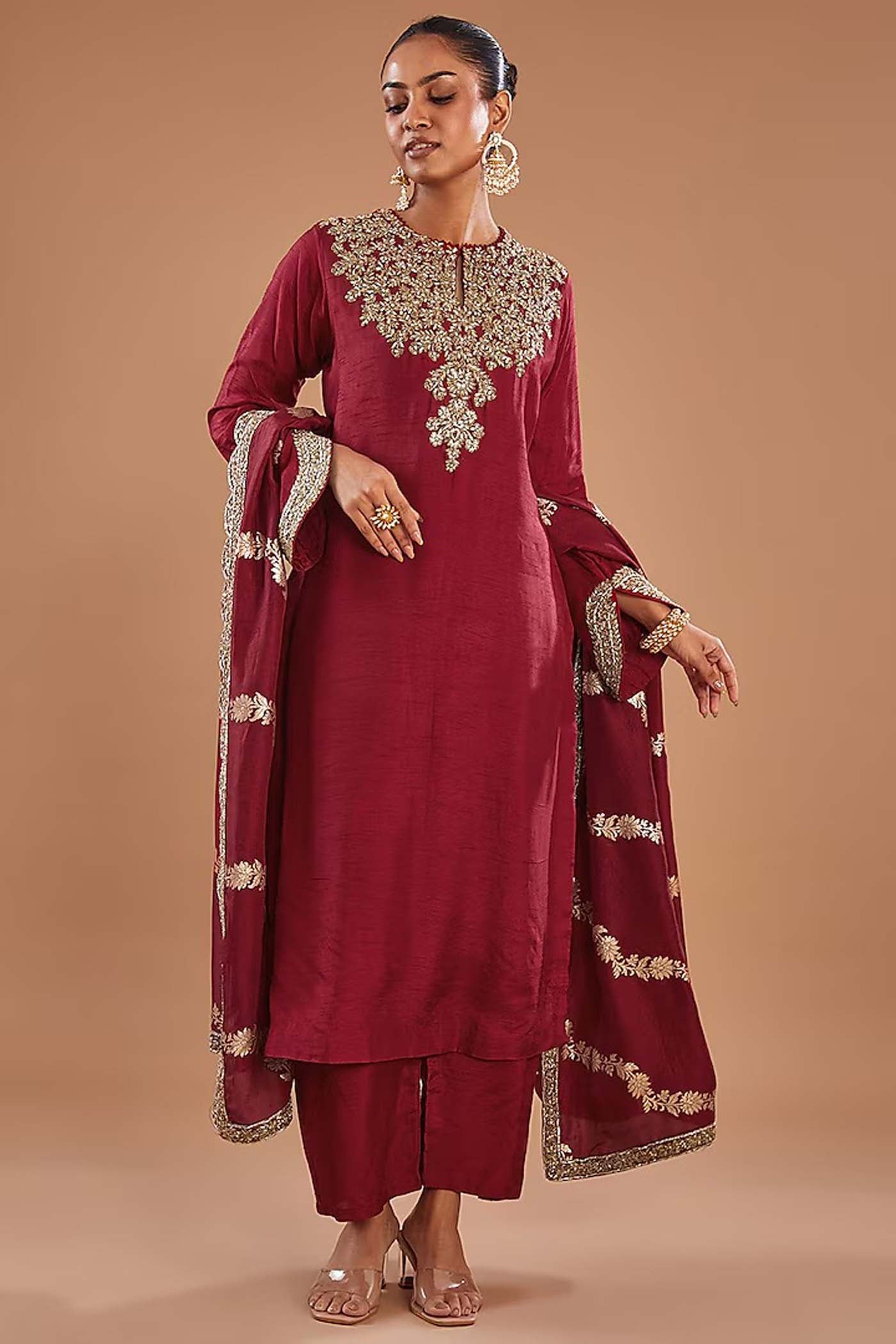 Maroon Zari Embroidered Shirt with Pants and Dupatta