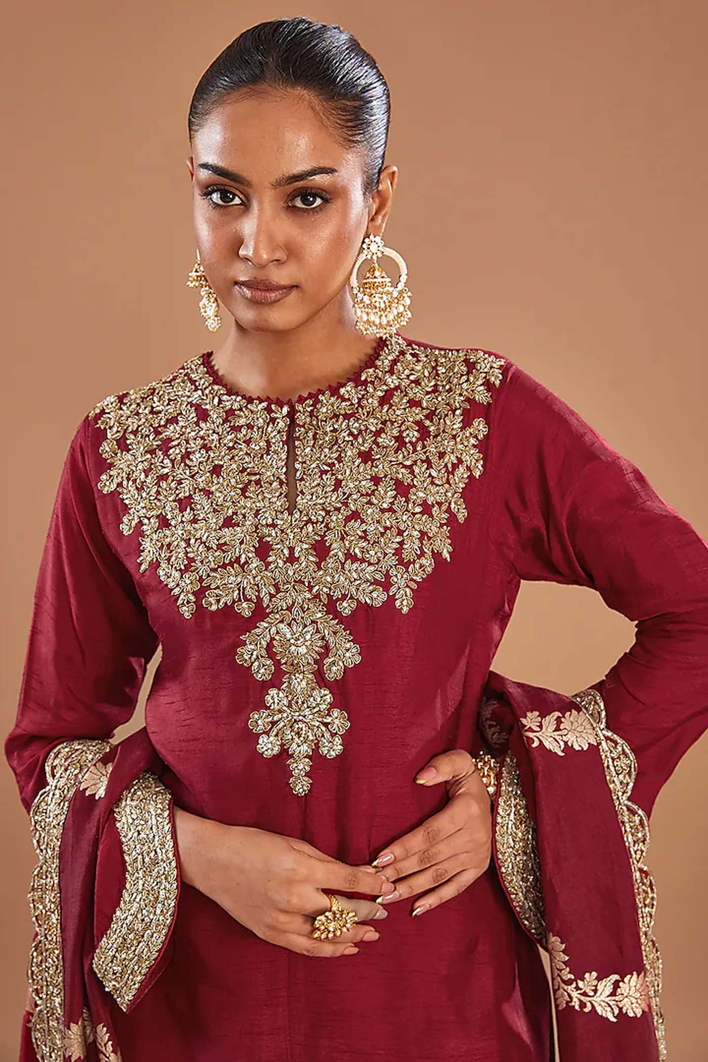 Maroon Zari Embroidered Shirt with Pants and Dupatta