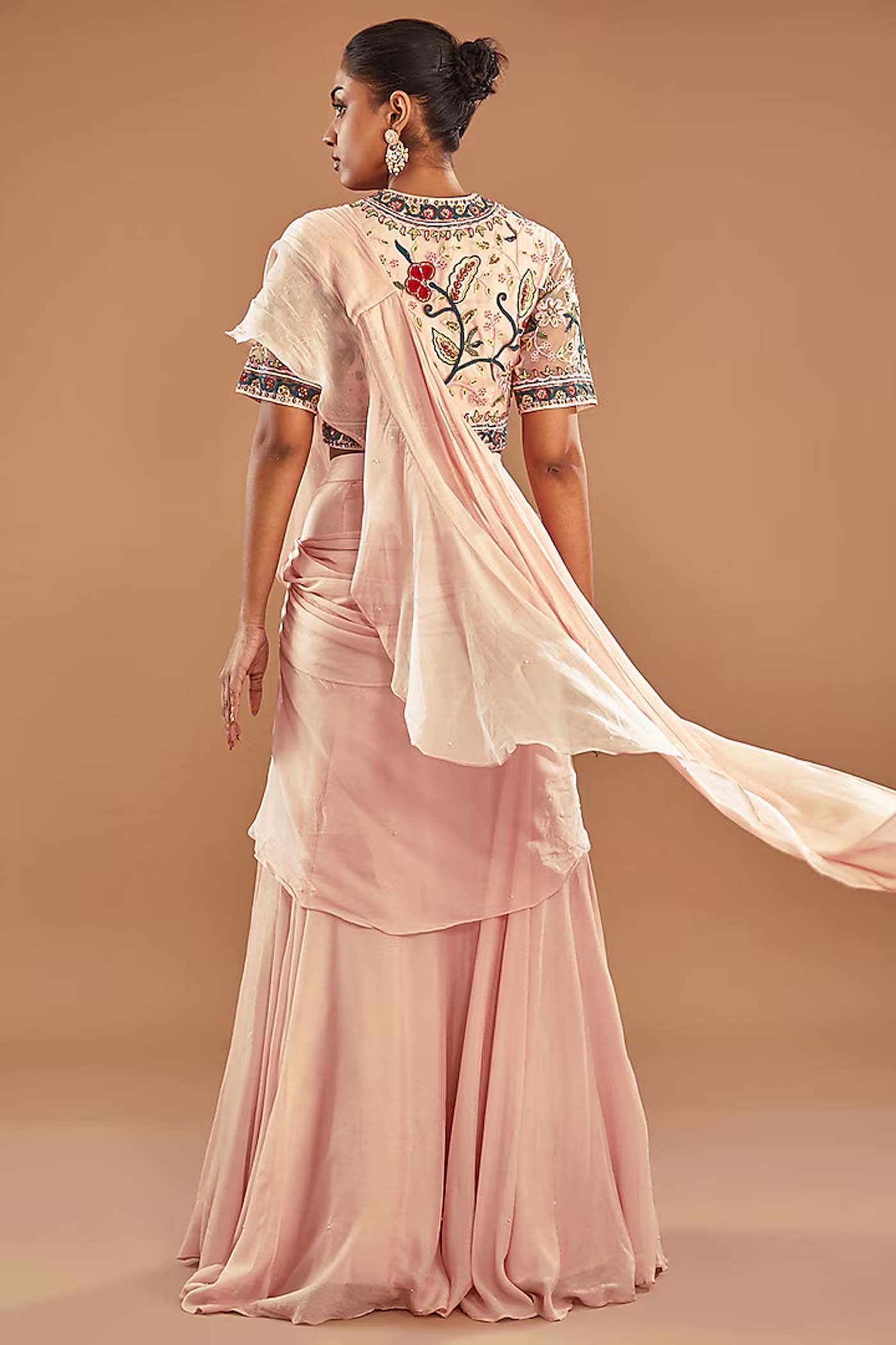 Baby Pink  Draped Ruffle lehenga Saree with Belt (RTS)