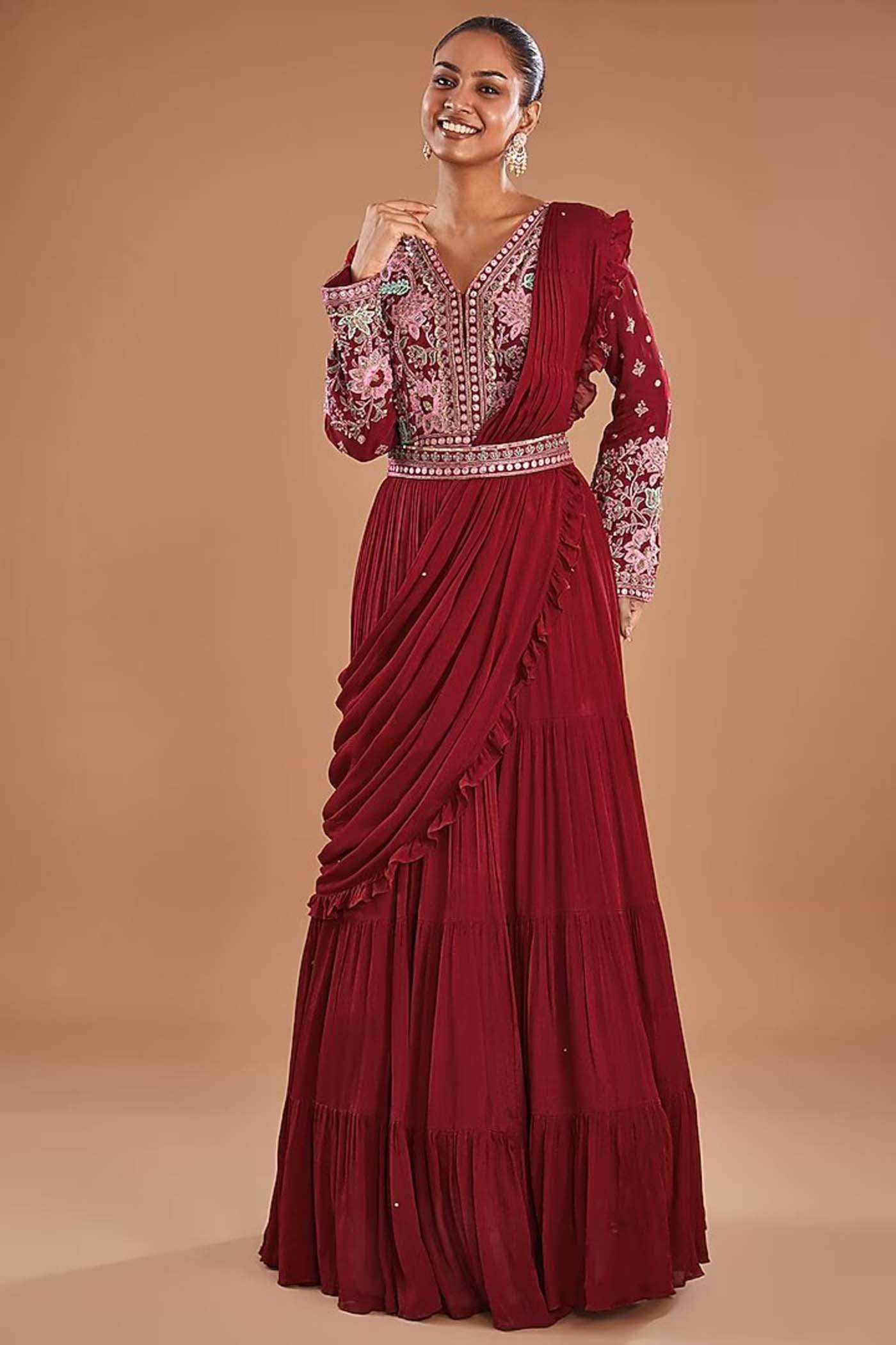 Red Gown with Attached Drape Dupatta and Embroidered Belt