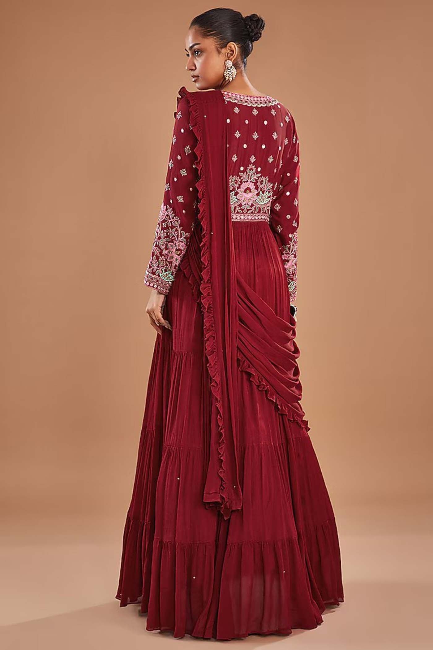 Red Gown with Attached Drape Dupatta and Embroidered Belt