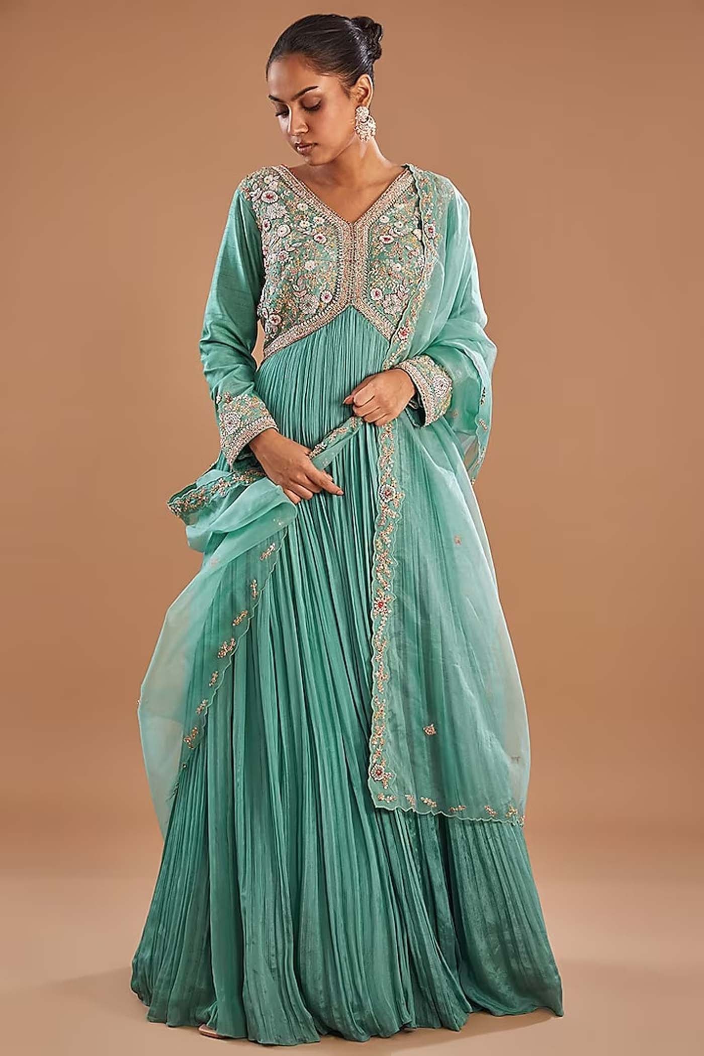 Light Blue  Embroidered Ruched Anarkali with Dupatta