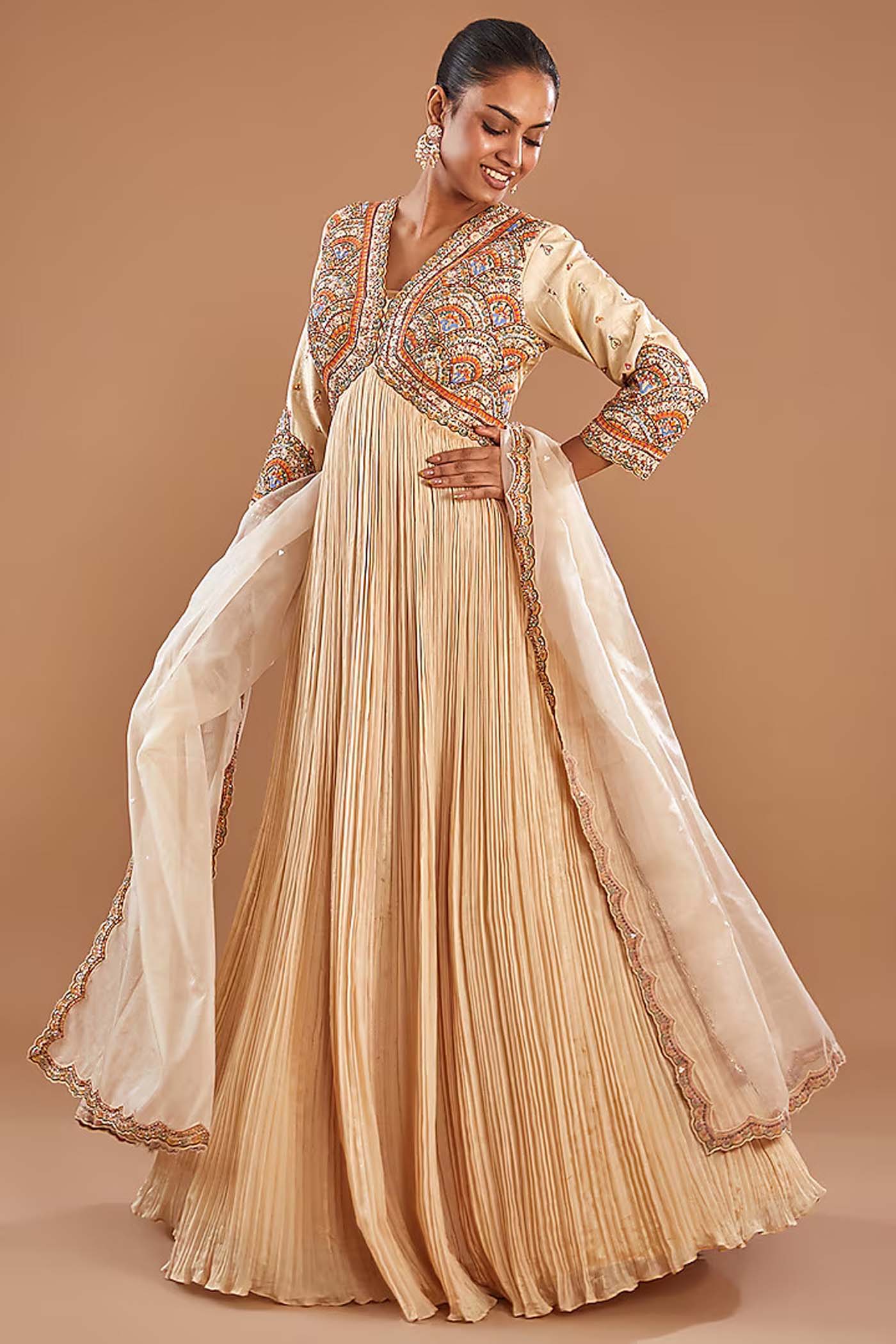 Beige Embroidered Ruched Anarkali with Dupatta