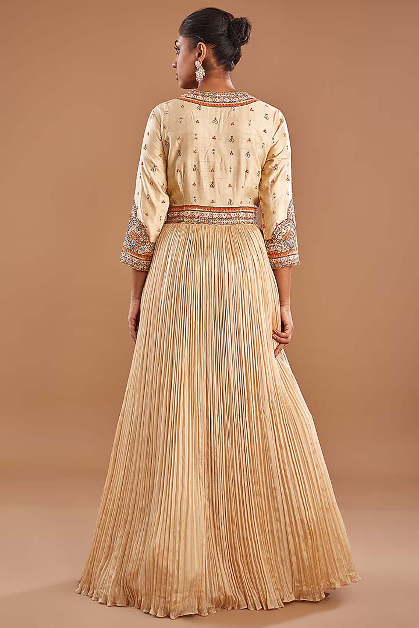 Beige Embroidered Ruched Anarkali with Dupatta