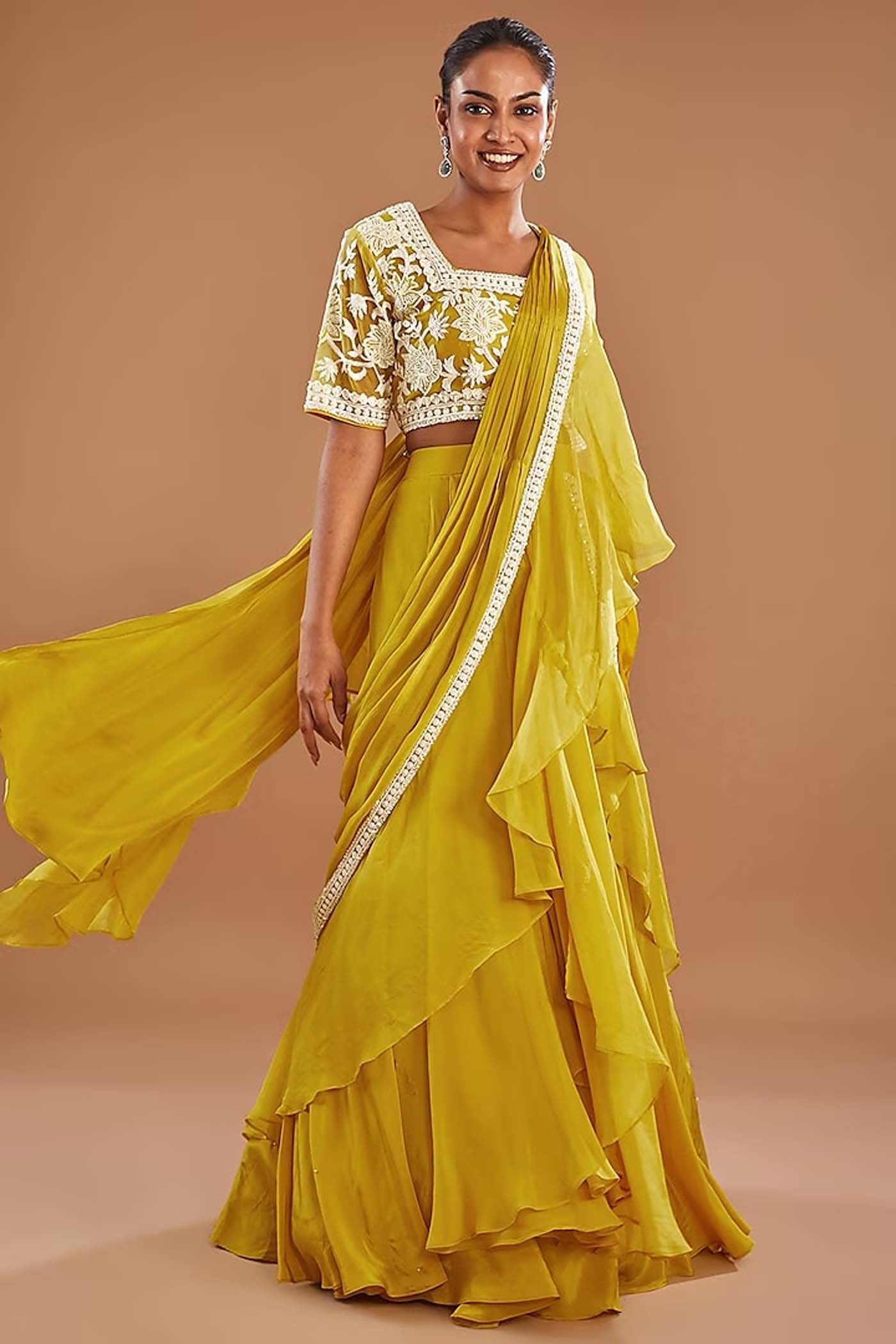 Mustard Draped Lehenga Saree Set