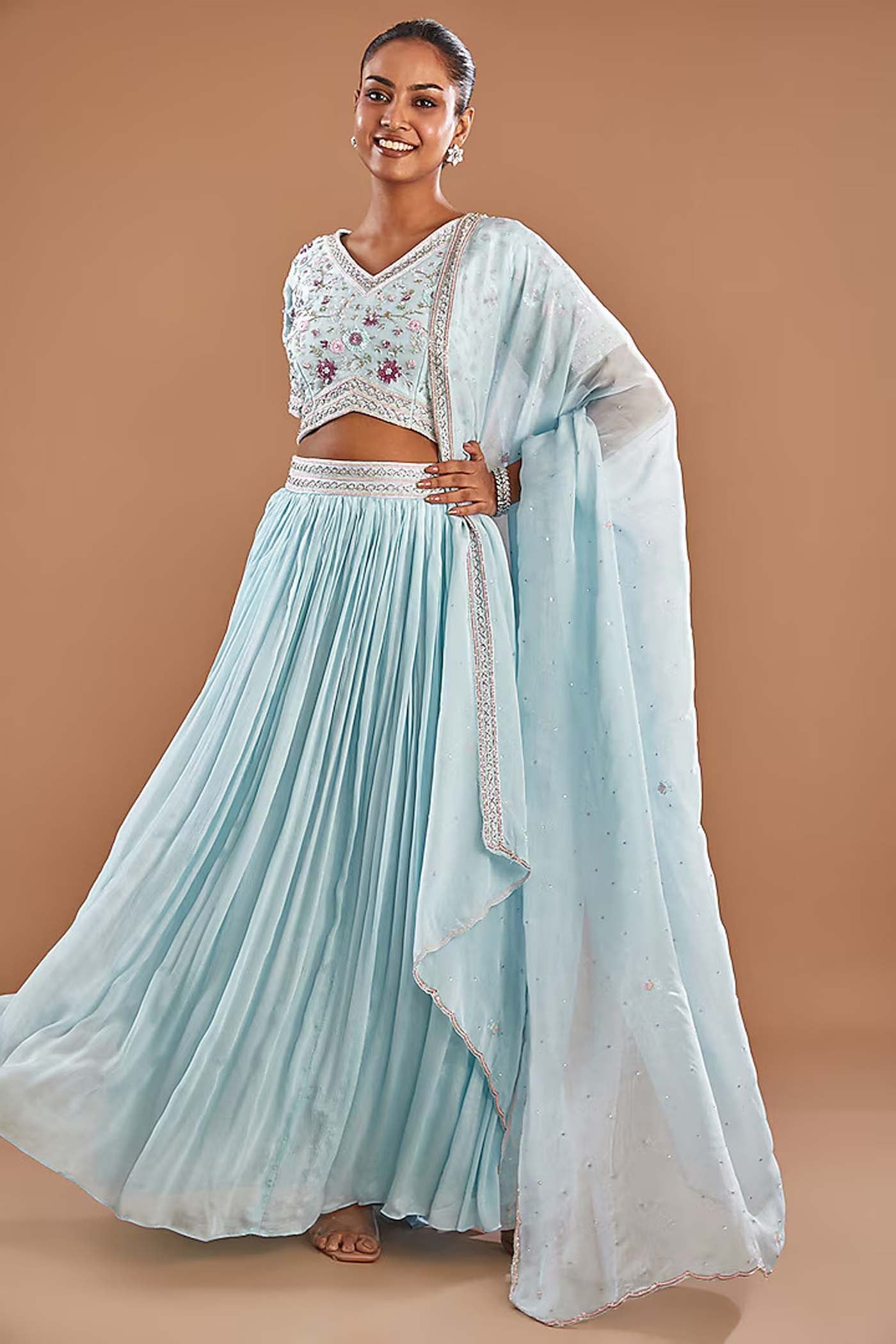 SkyBlue Crop-Top with Skirt and Organza Dupatta