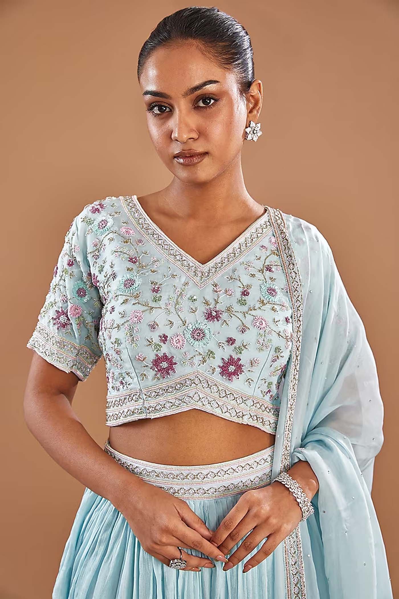 SkyBlue Crop-Top with Skirt and Organza Dupatta